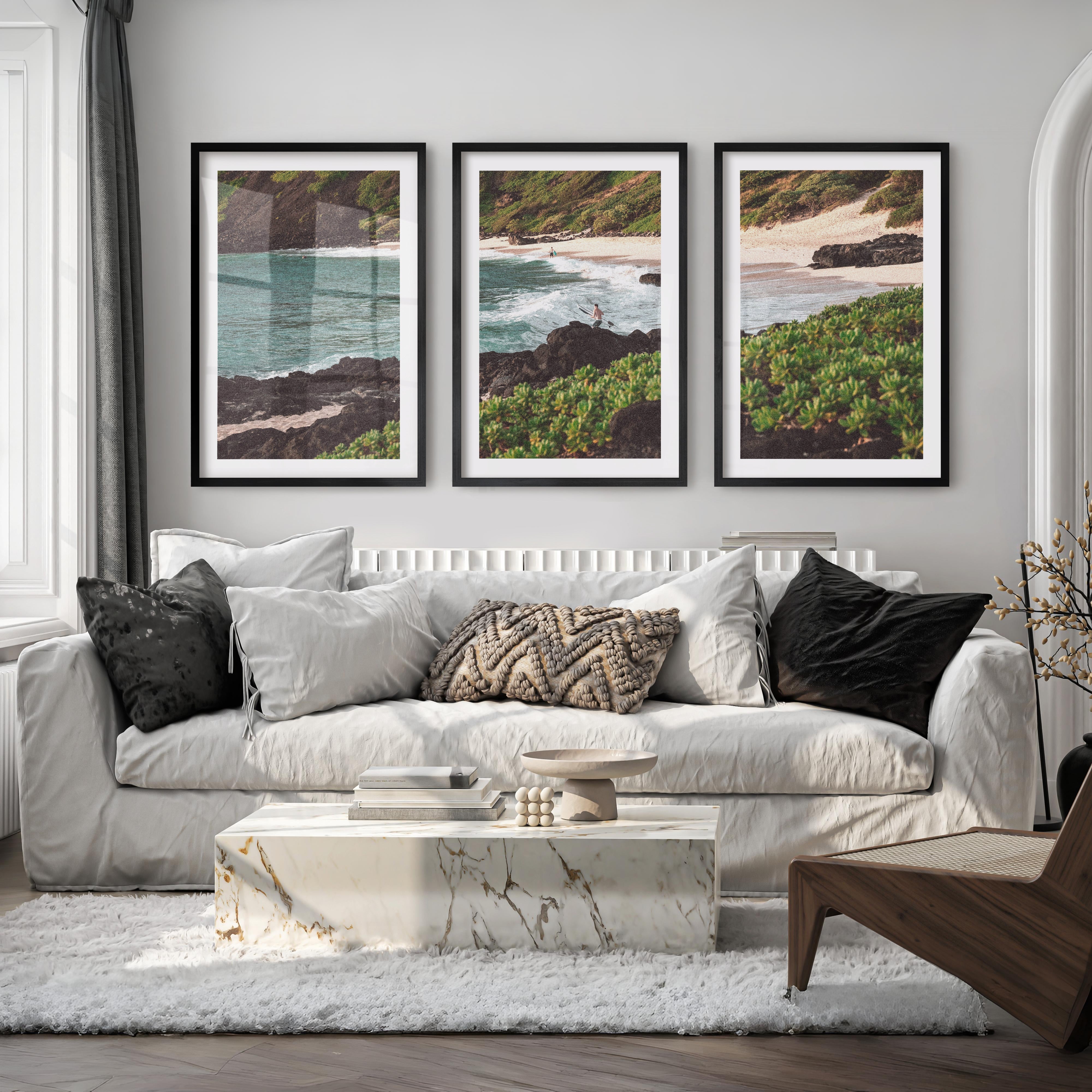 Surfer Cove Beach Scene Wall Decor - Black Framed Poster with White Border - Artworksets