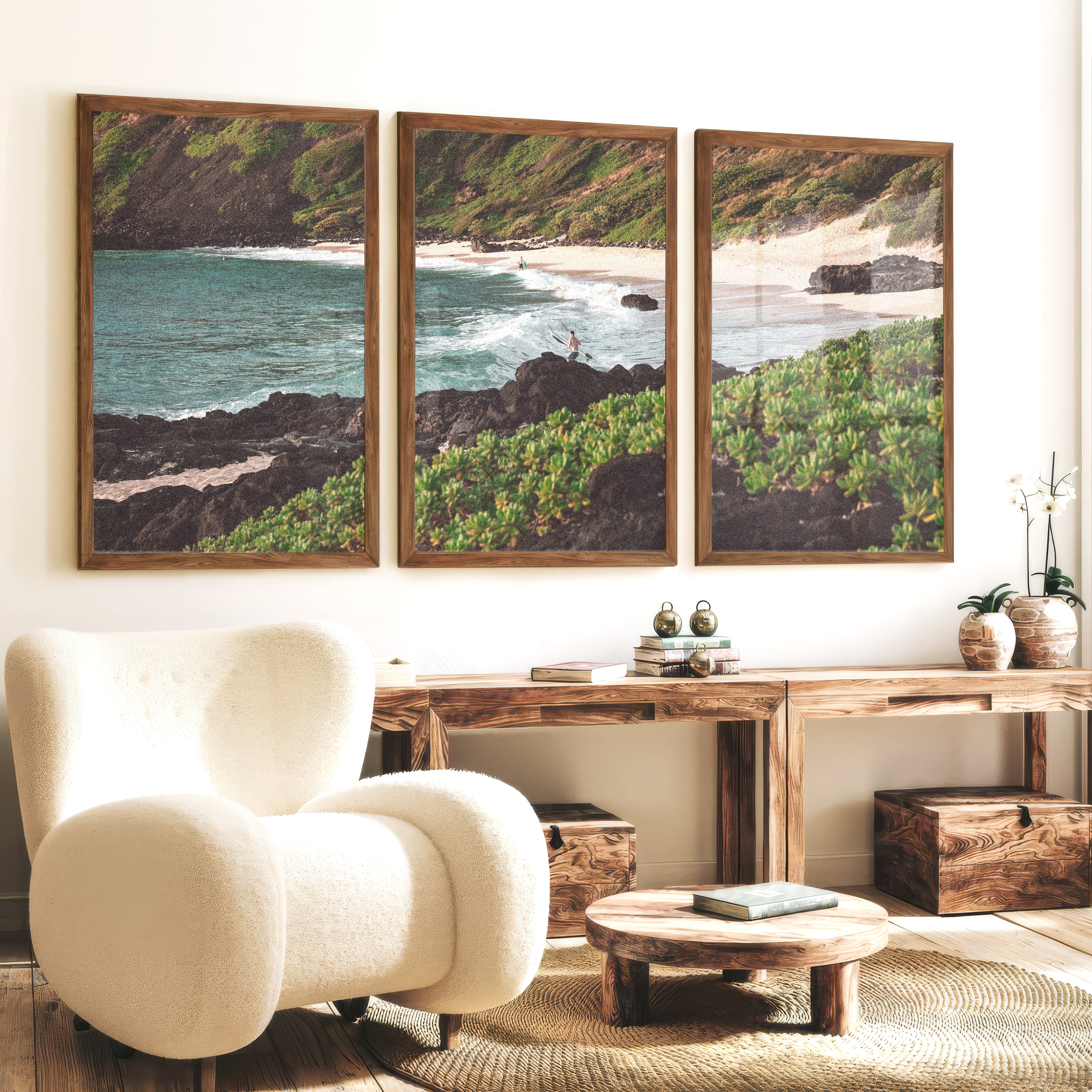Surfer Cove Beach Scene Wall Decor - Dark Brown Framed Poster No Border - Artworksets