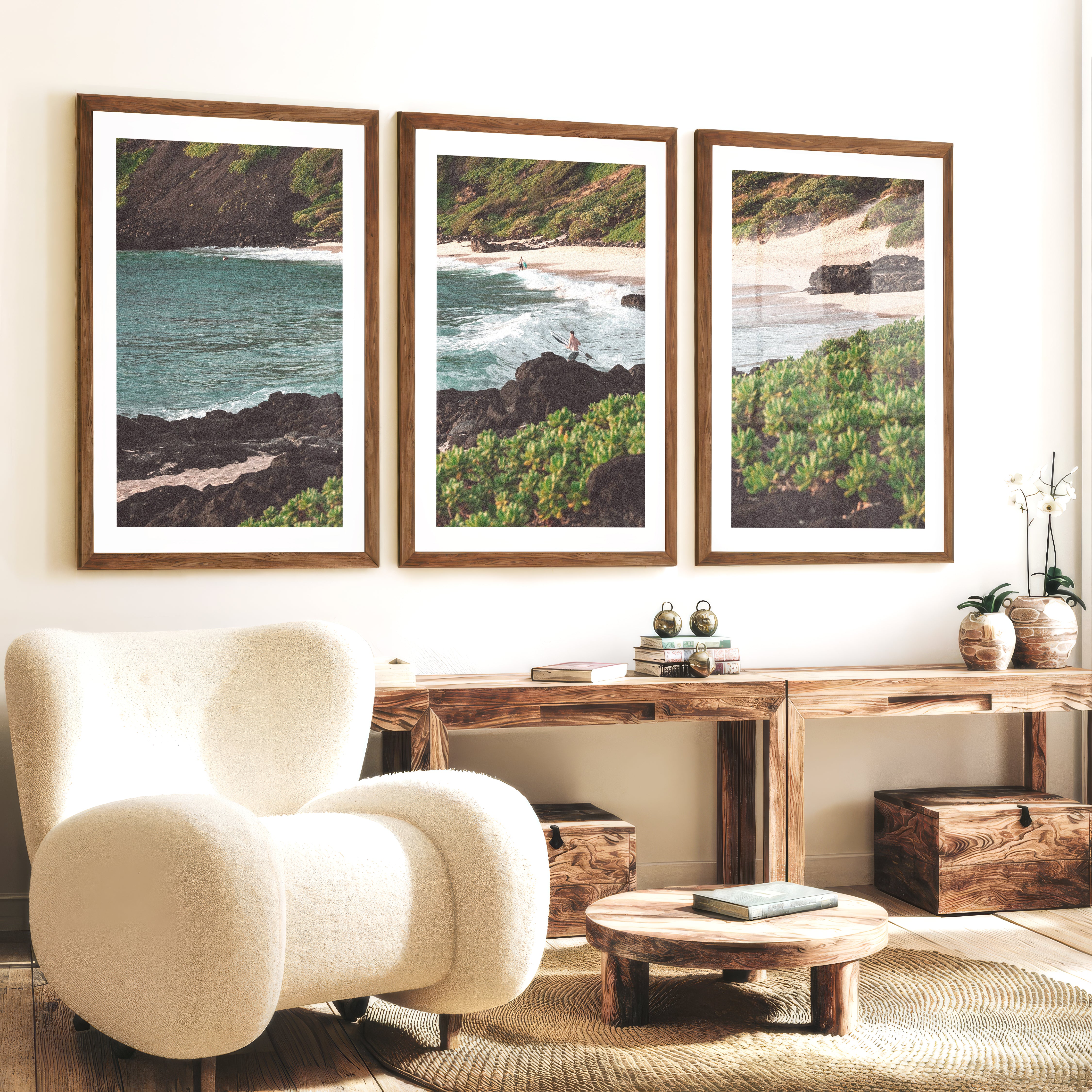 Surfer Cove Beach Scene Wall Decor - Dark Brown Framed Poster with White Border - Artworksets