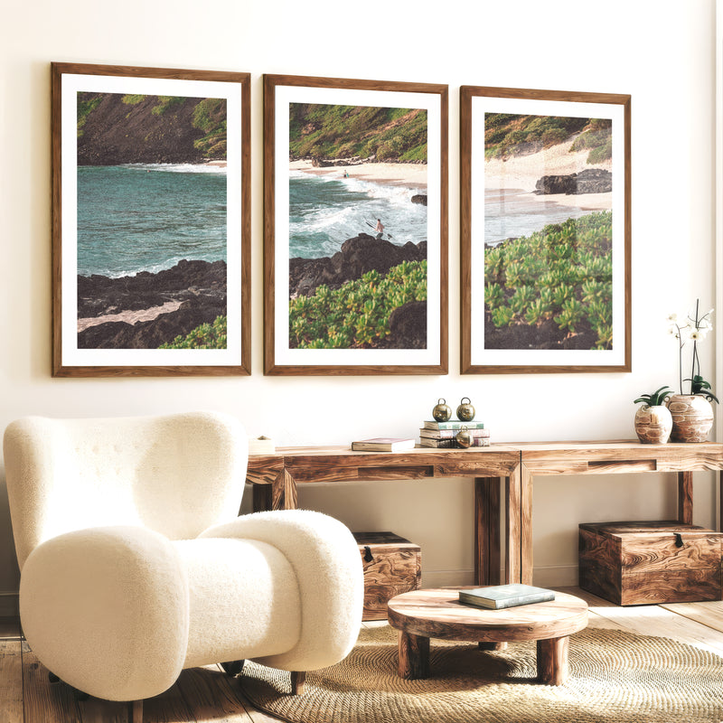 Surfer Cove Beach Scene Wall Decor - Dark Brown Framed Poster with White Border - Artworksets