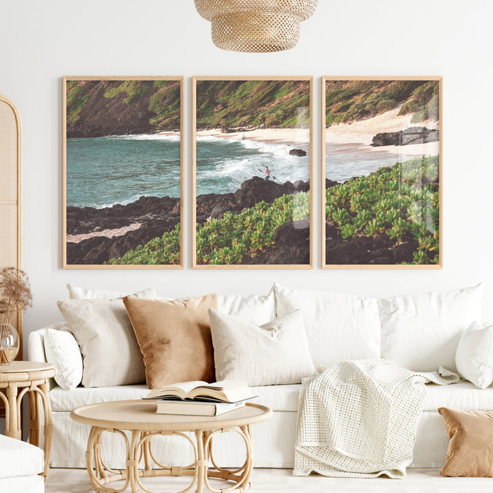Surfer Cove Beach Scene Wall Decor - Natural Wood Framed Poster No Border - Artworksets