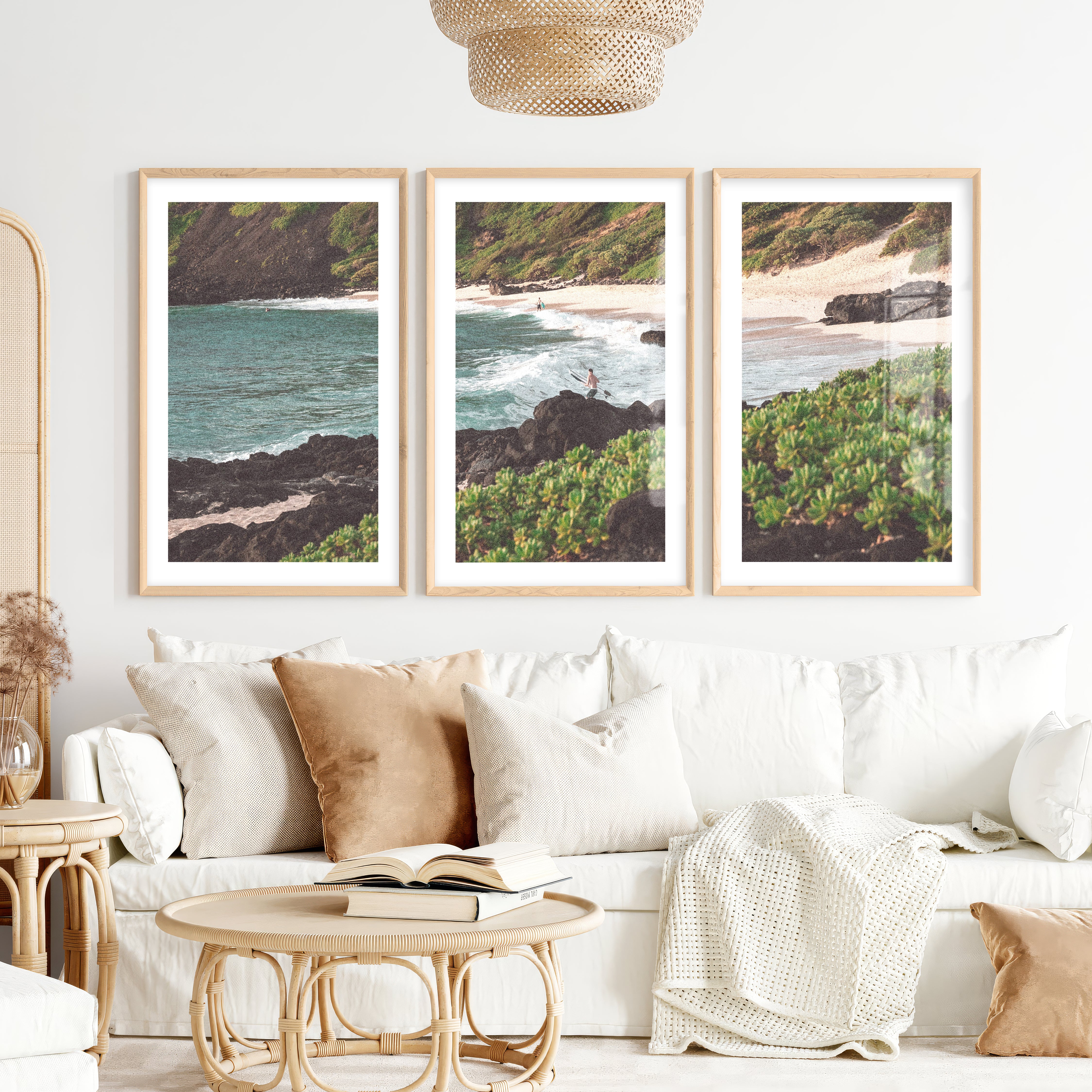 Surfer Cove Beach Scene Wall Decor- Natural Wood Framed Poster with White Border - Artworksets