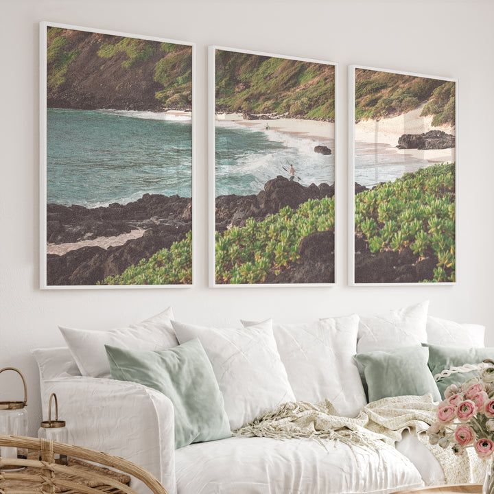 Surfer Cove Beach Scene Wall Decor - White Framed Poster No Border - Artworksets