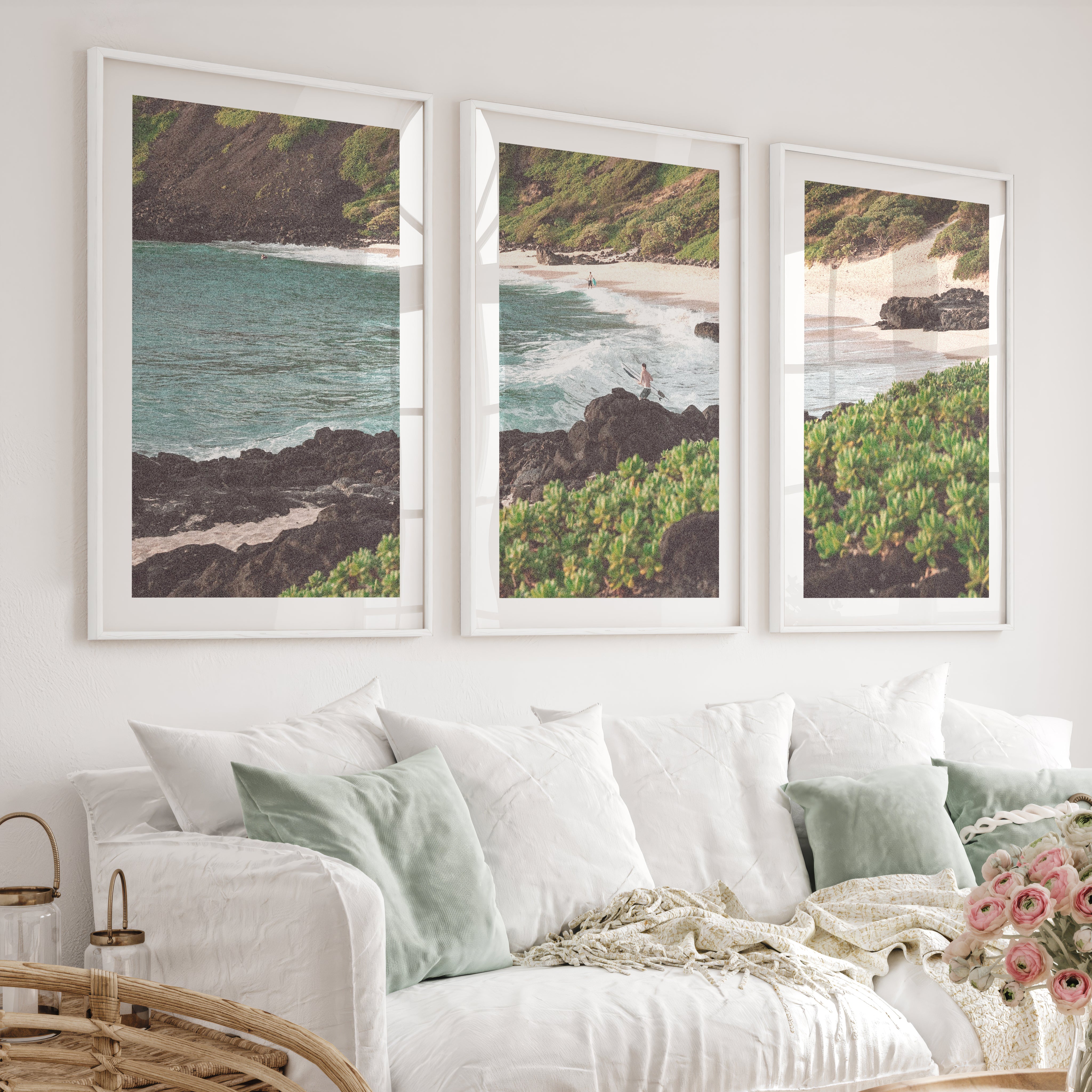 Surfer Cove Beach Scene Wall Decor - White Framed Poster with White Border - Artworksets