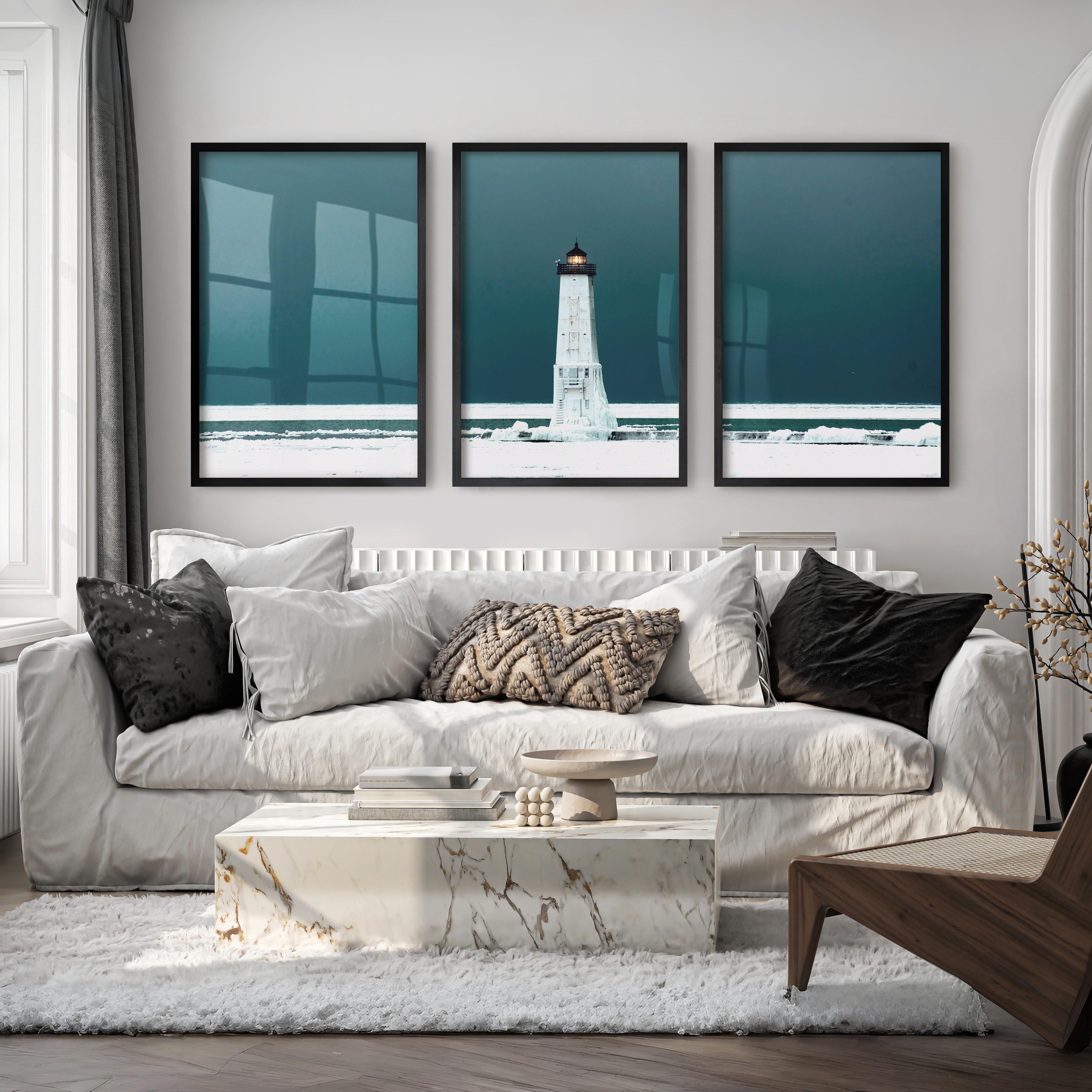 Icy Lighthouse Beach Style Artwork - Black Framed Poster No Border - Artworksets
