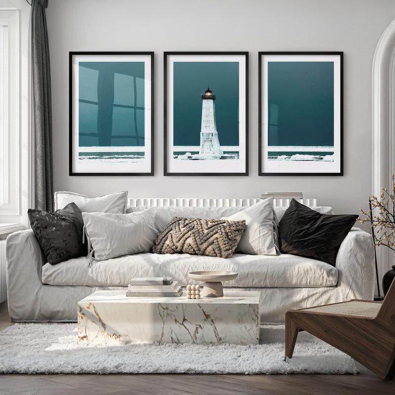 Icy Lighthouse Beach Style Artwork - Black Framed Poster with White Border - Artworksets