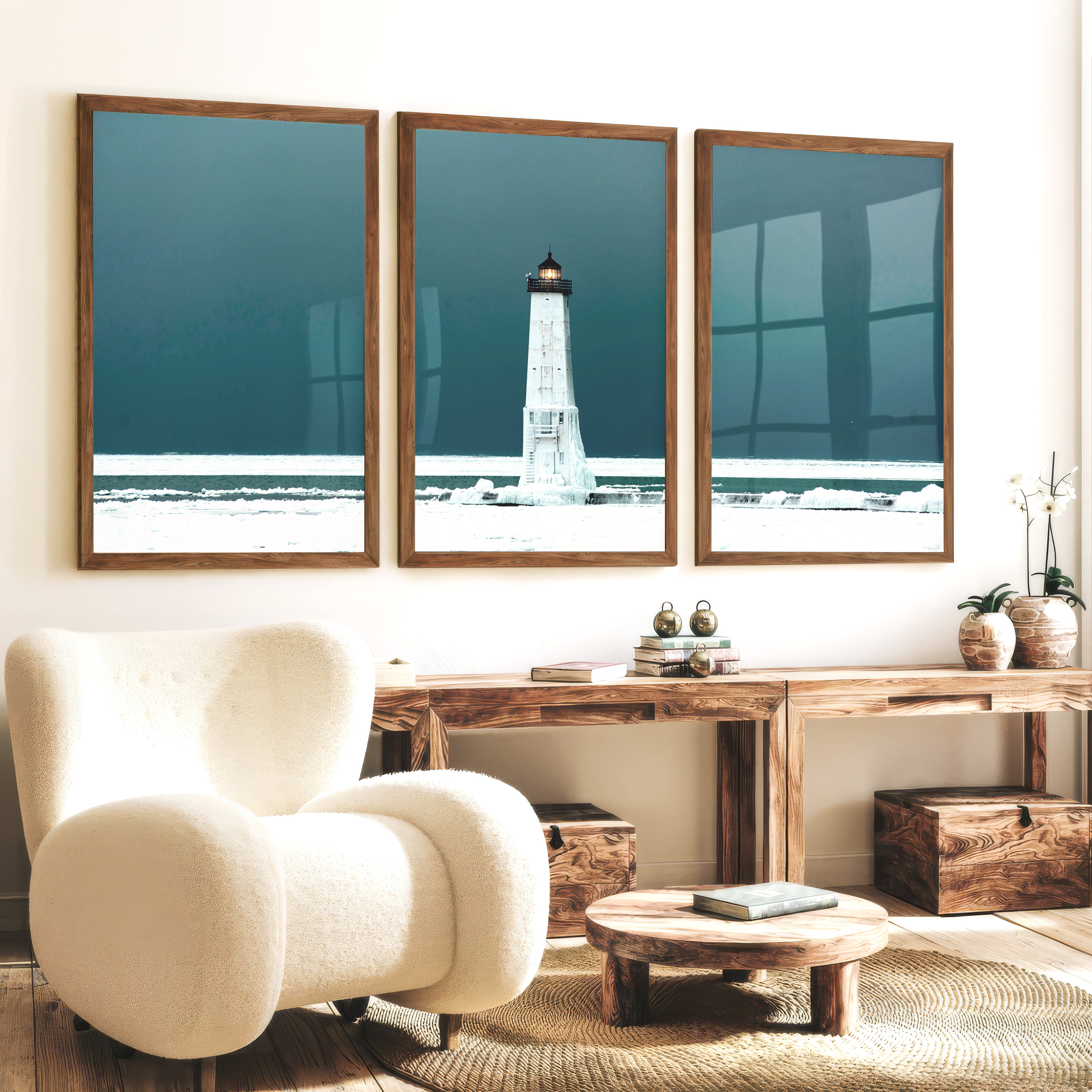 Icy Lighthouse Beach Style Artwork - Dark Brown Framed Poster No Border - Artworksets
