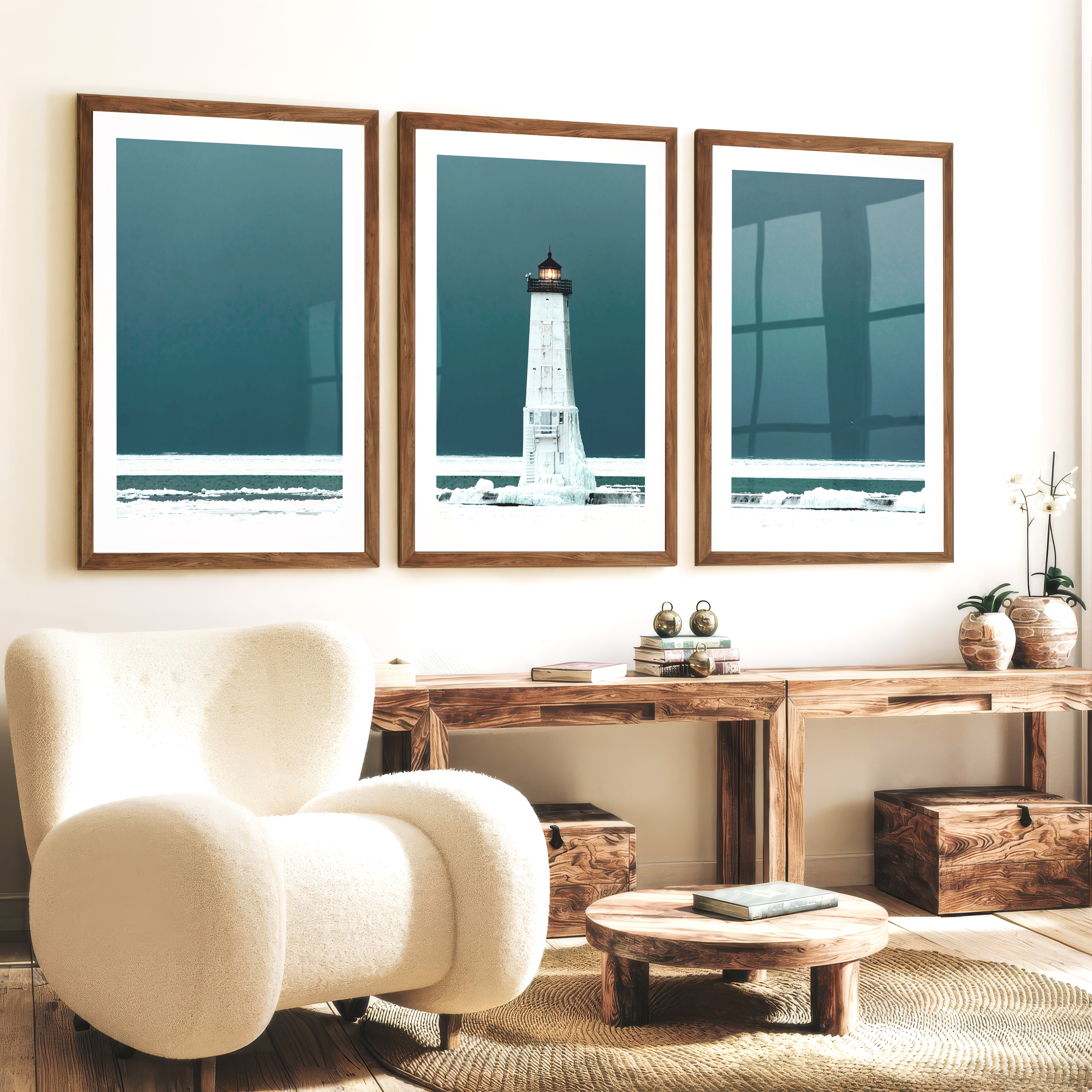 Icy Lighthouse Beach Style Artwork - Dark Brown Framed Poster with White Border - Artworksets