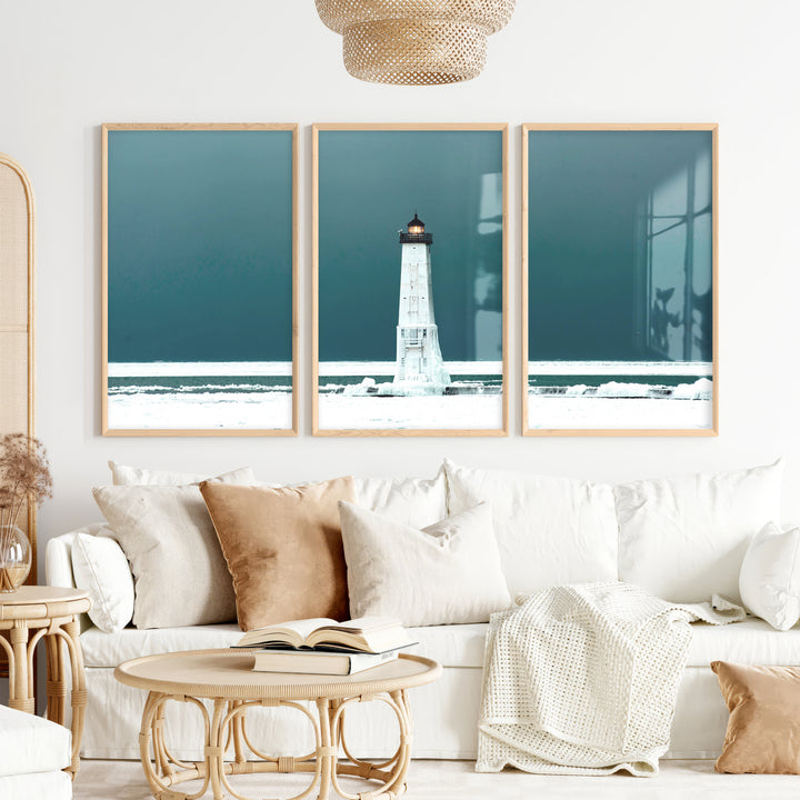 Icy Lighthouse Beach Style Artwork - Natural Wood Framed Poster No Border - Artworksets