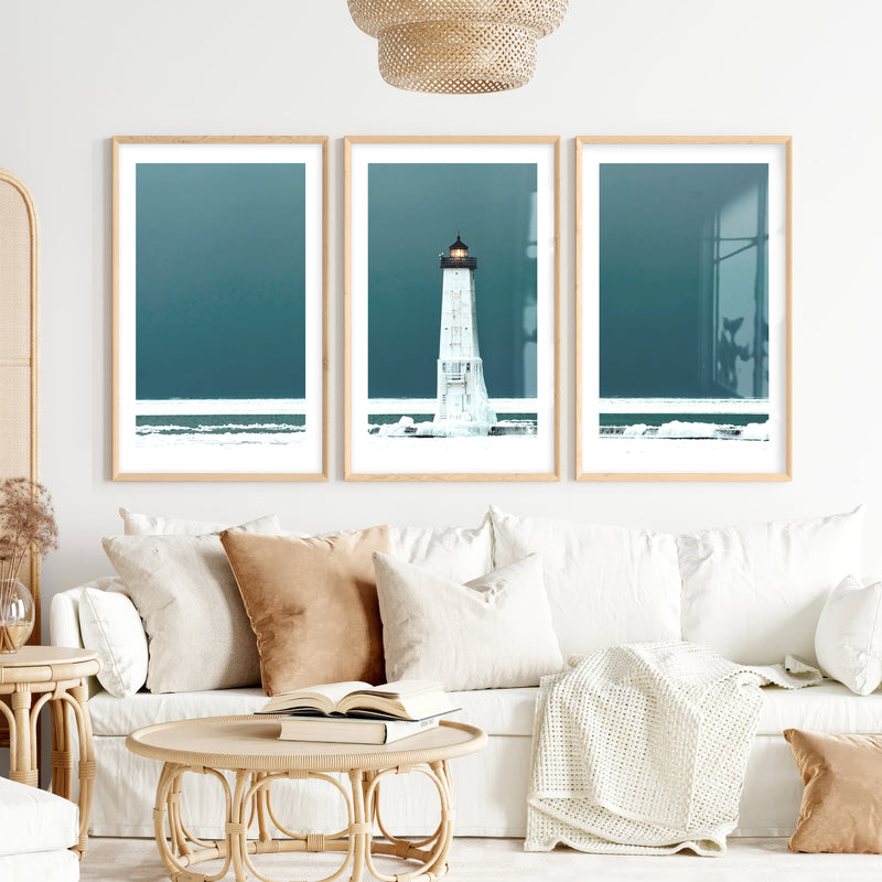 Icy Lighthouse Beach Style Artwork- Natural Wood Framed Poster with White Border - Artworksets