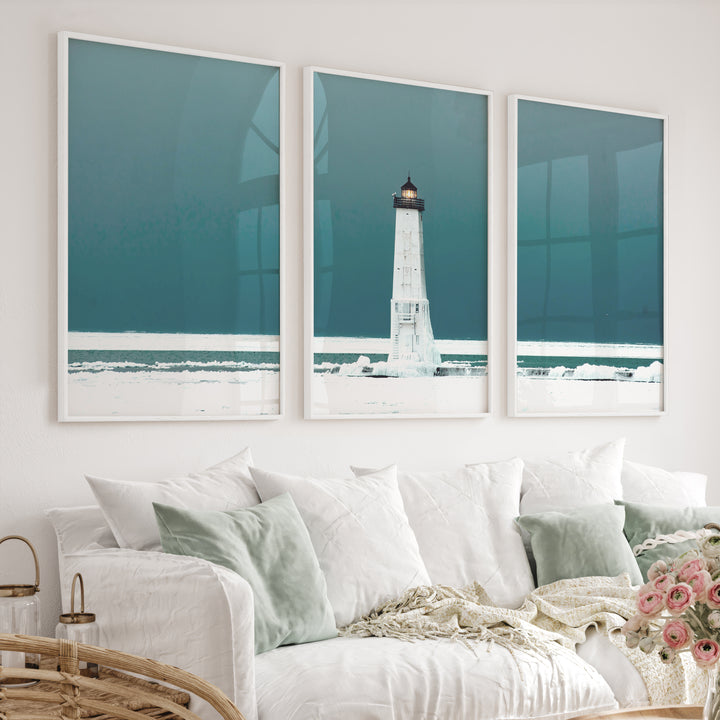 Icy Lighthouse Beach Style Artwork - White Framed Poster No Border - Artworksets