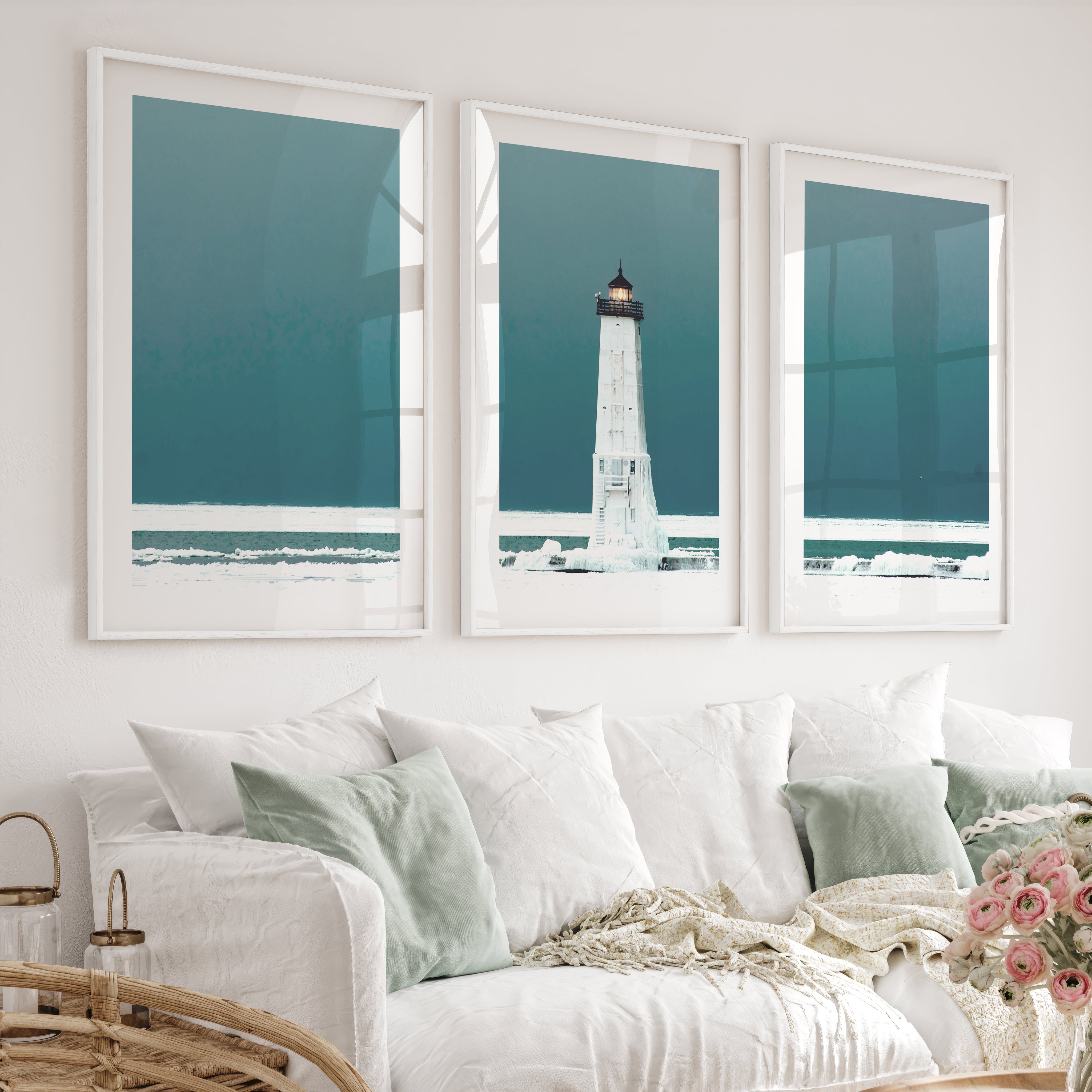 Icy Lighthouse Beach Style Artwork - White Framed Poster with White Border - Artworksets