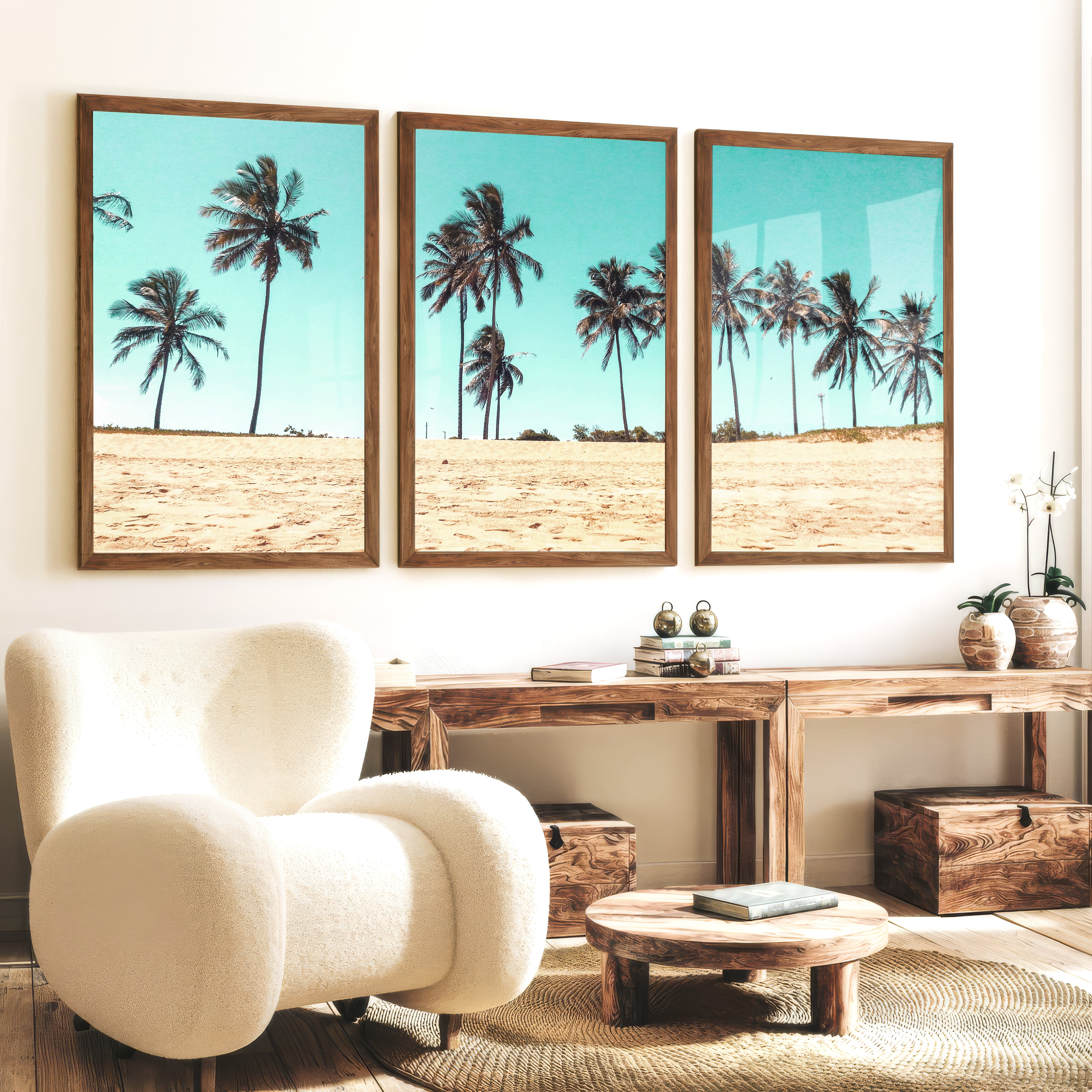 Palm Tree Coast beach style wall art - Dark Brown Framed Poster No Border - Artworksets