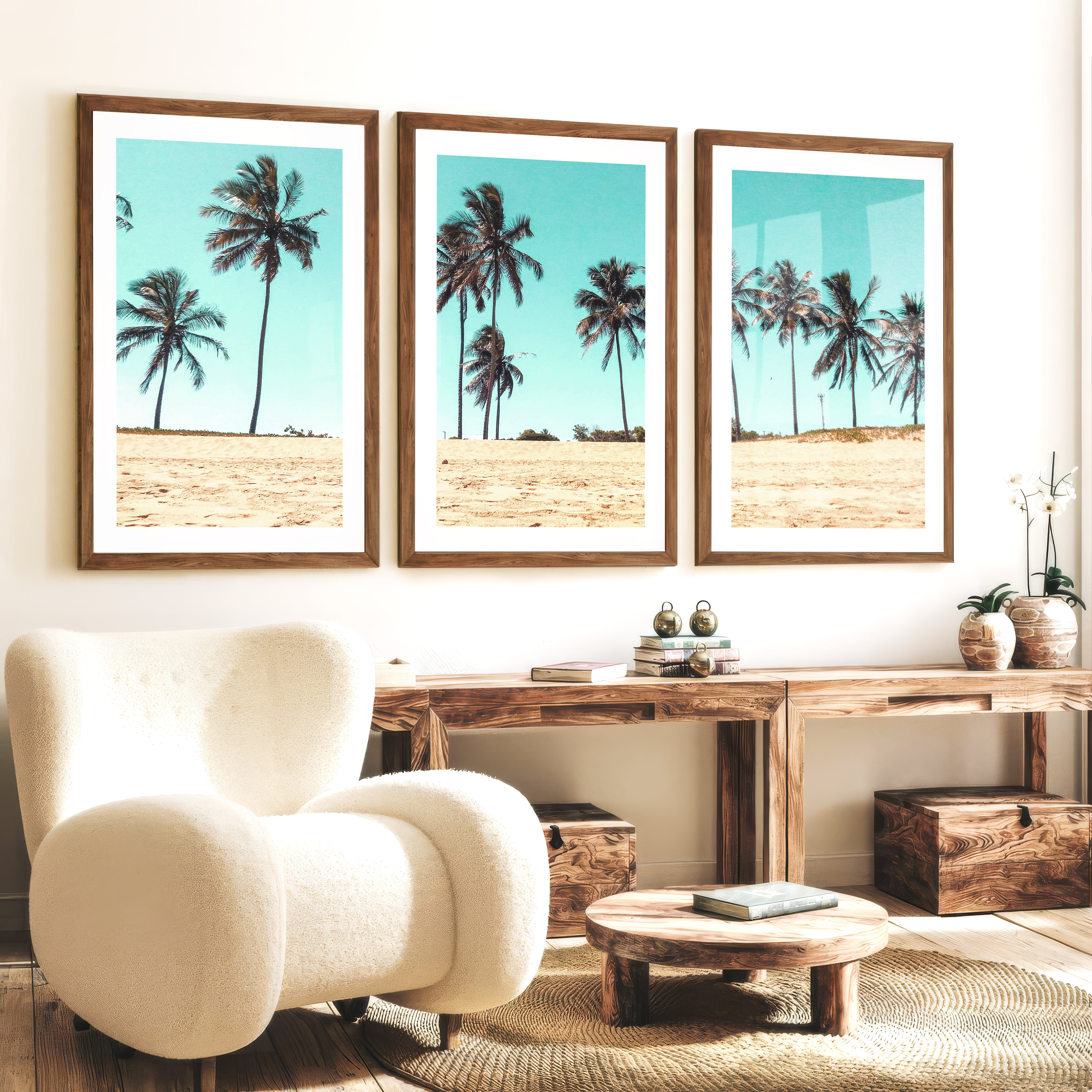 Palm Tree Coast beach style wall art - Dark Brown Framed Poster with White Border - Artworksets