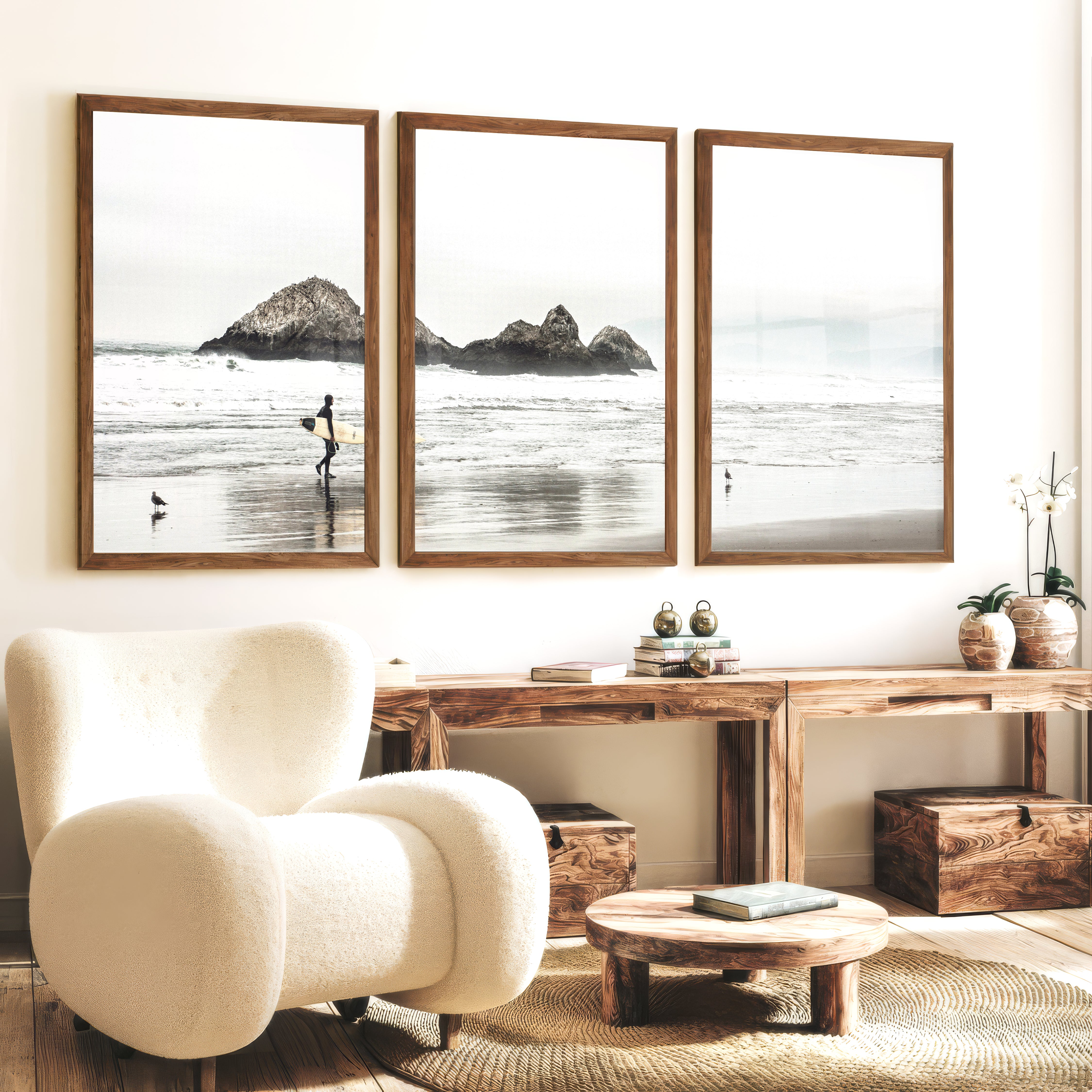 Surfer Rocks Beach Style Wall Decor - Dark Brown Framed Poster No Border - Artworksets