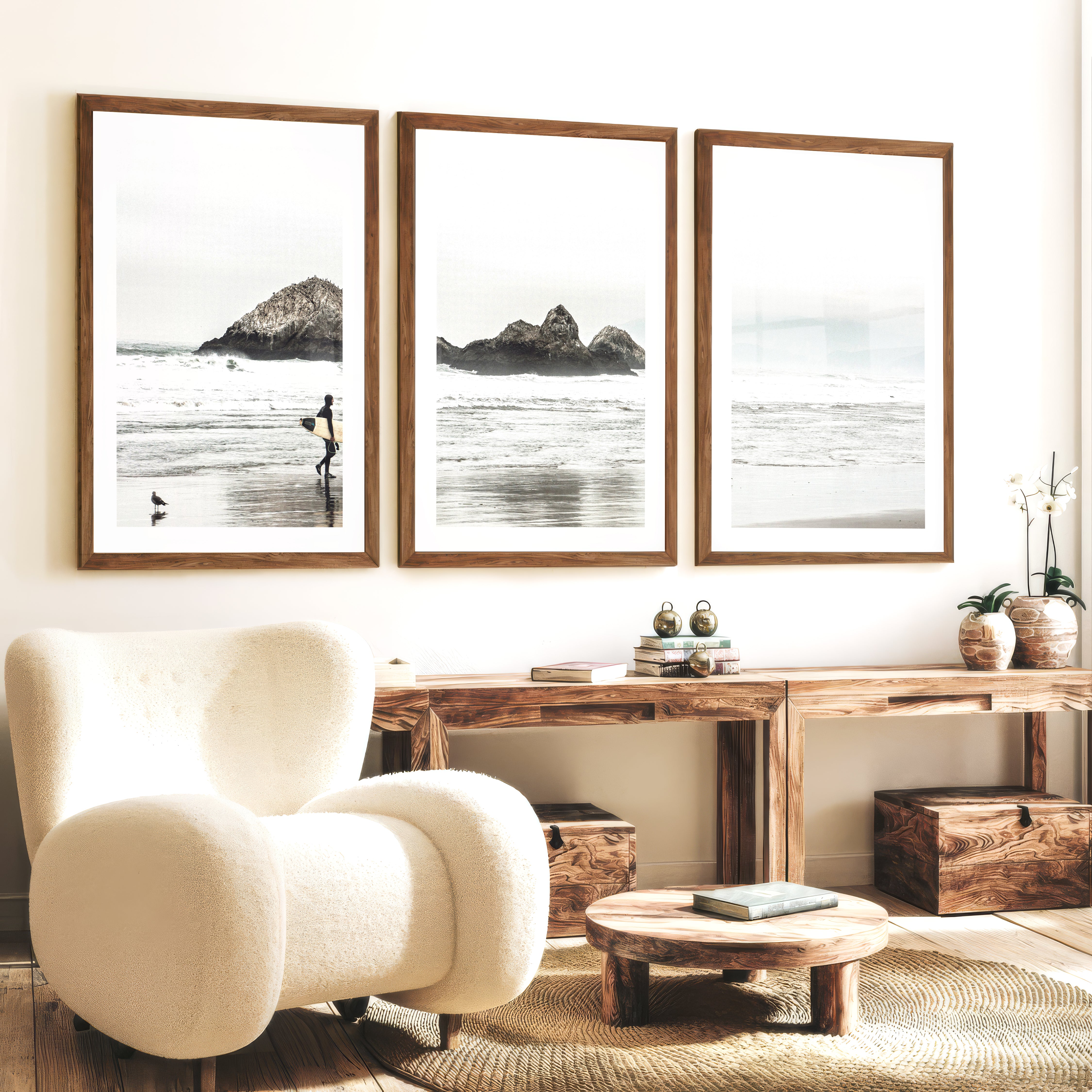 Surfer Rocks Beach Style Wall Decor - Dark Brown Framed Poster with White Border - Artworksets
