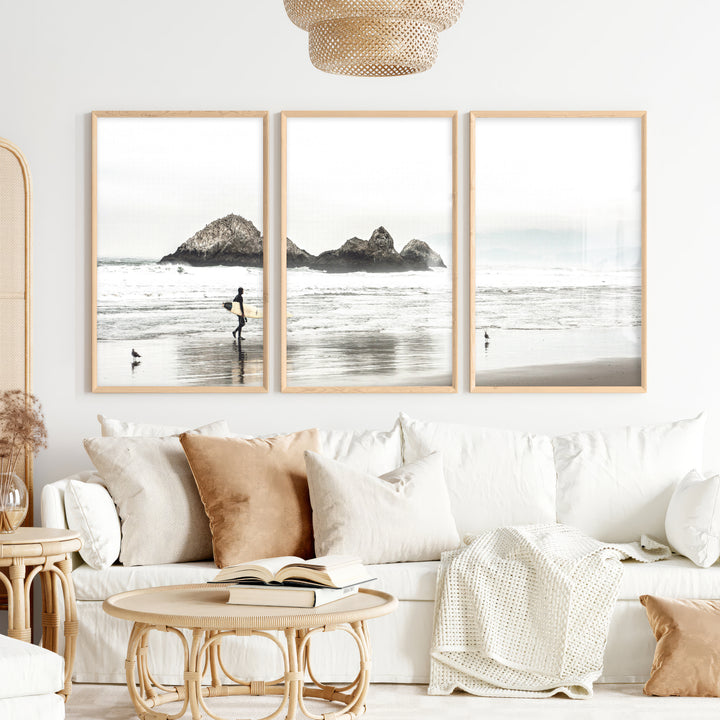 Surfer Rocks Beach Style Wall Decor - Natural Wood Framed Poster No Border - Artworksets