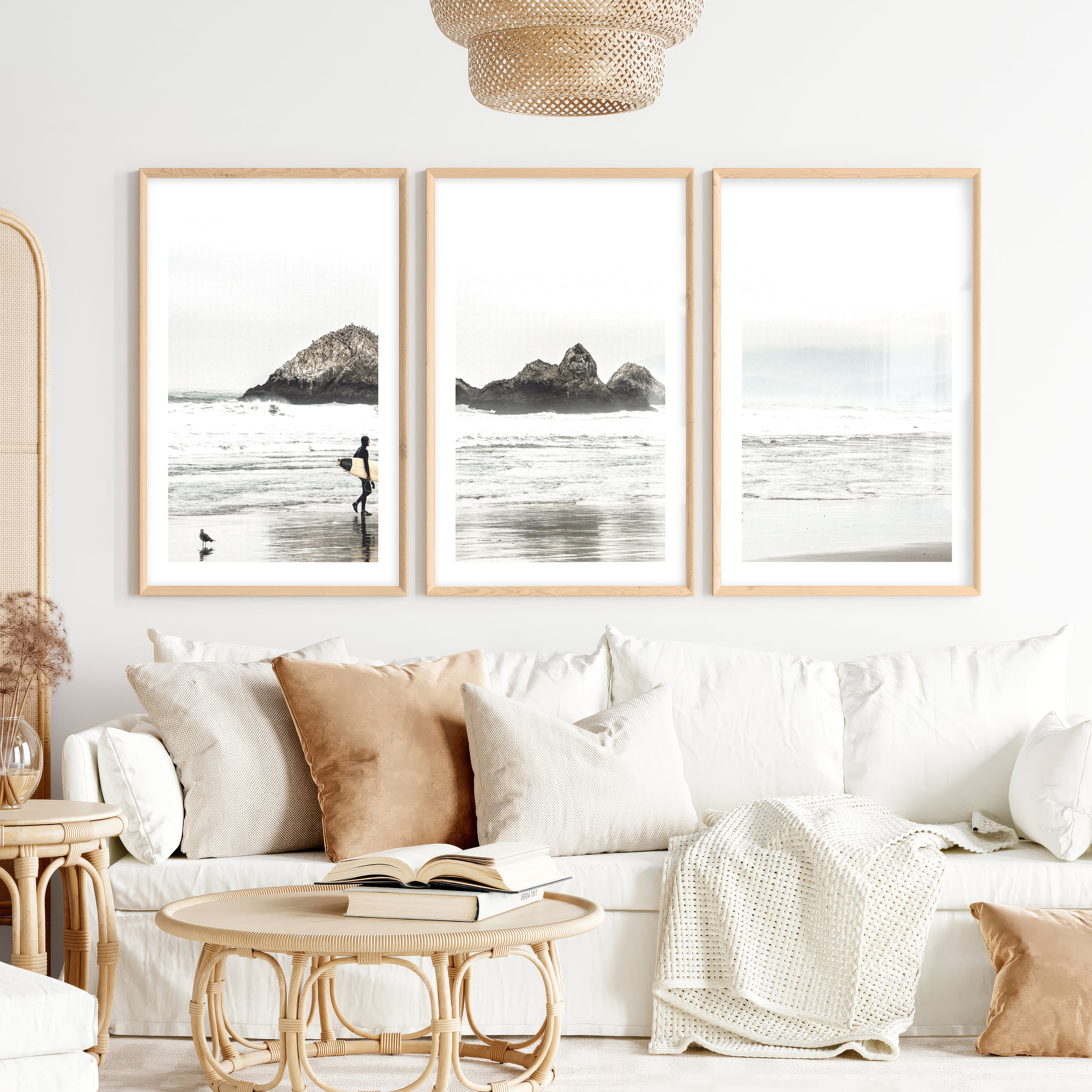Surfer Rocks Beach Style Wall Decor- Natural Wood Framed Poster with White Border - Artworksets