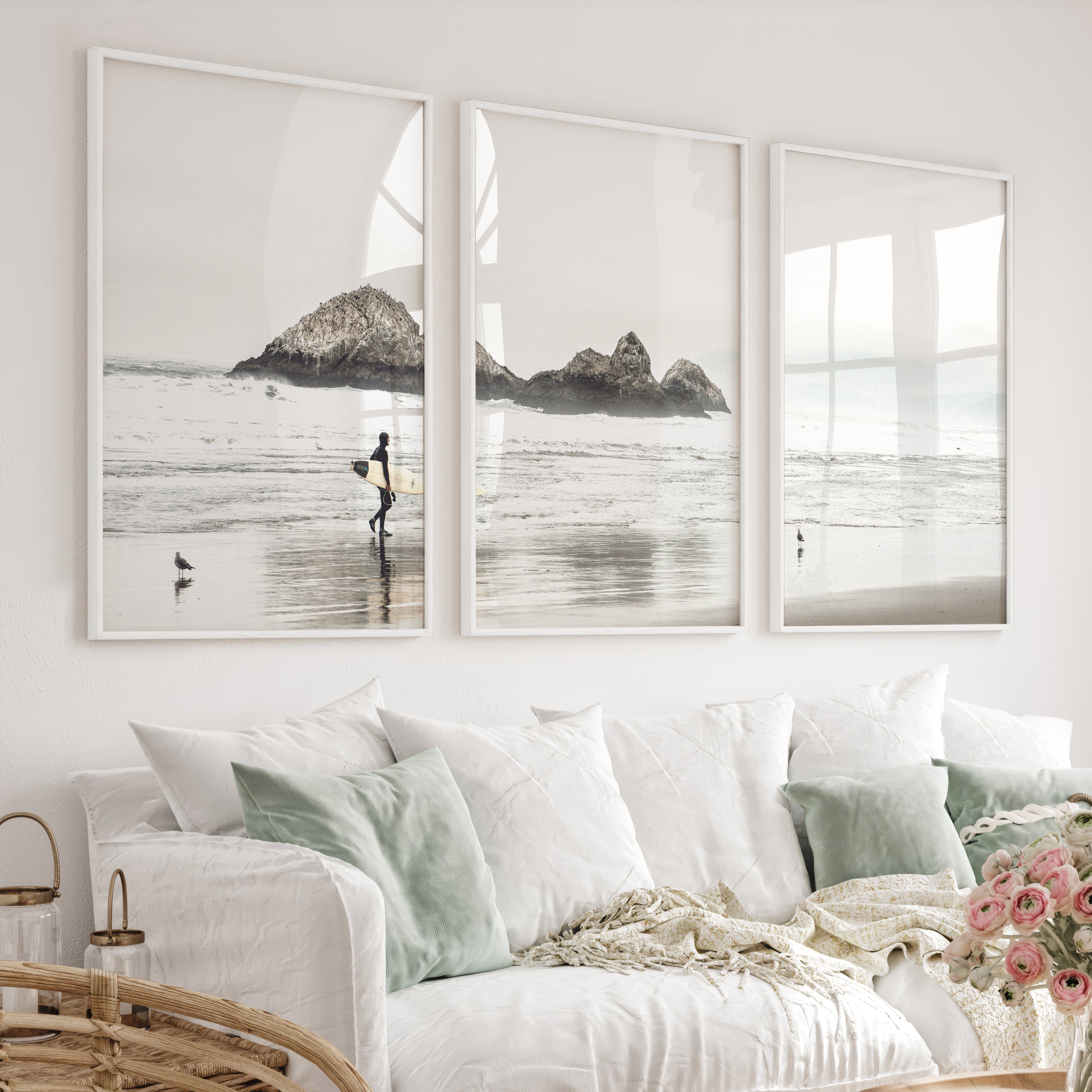 Surfer Rocks Beach Style Wall Decor - White Framed Poster No Border - Artworksets