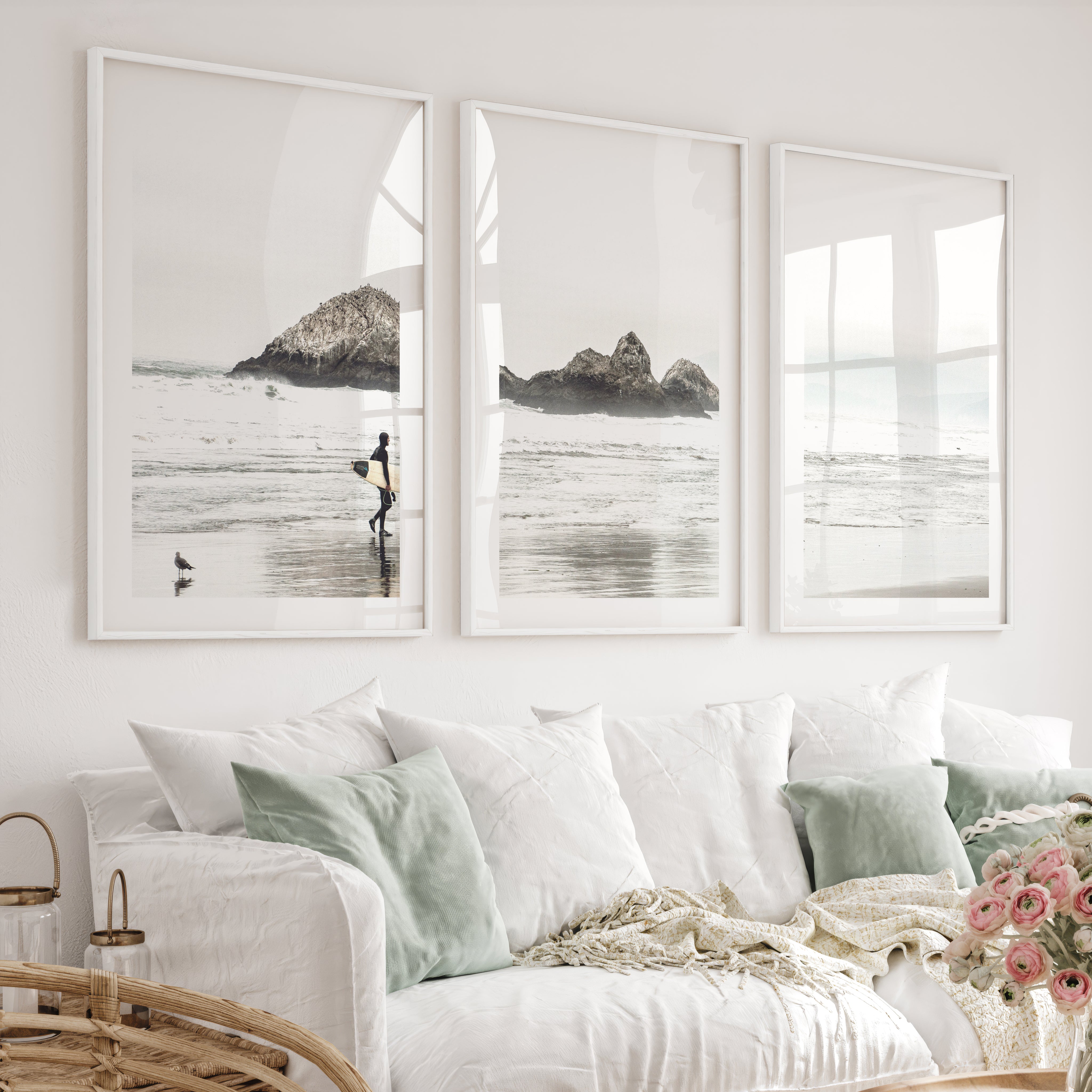 Surfer Rocks Beach Style Wall Decor - White Framed Poster with White Border - Artworksets
