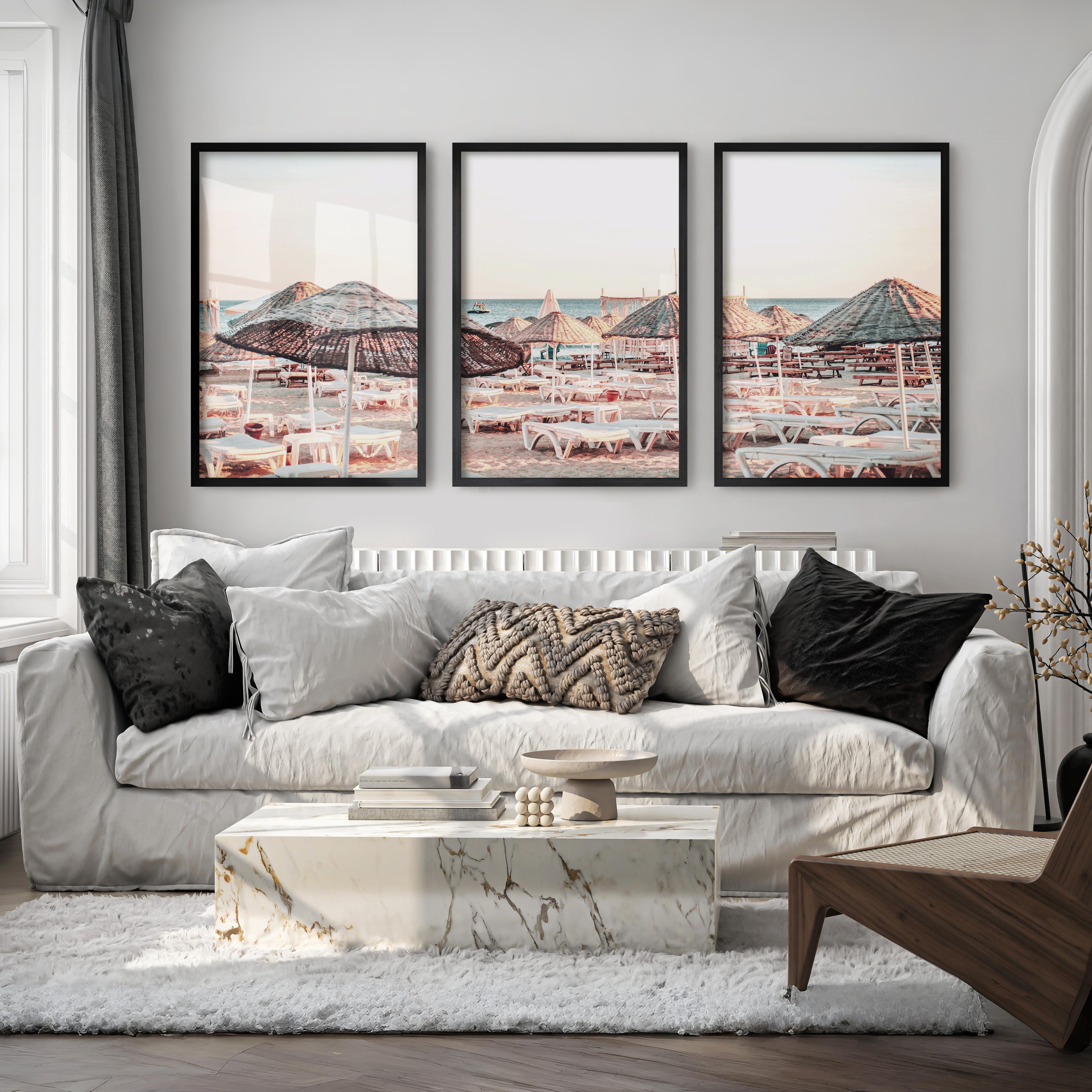 Woven Umbrellas beach style wall decor at Golden Hour - Black Framed Poster No Border - Artworksets