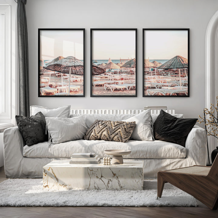 Woven Umbrellas beach style wall decor at Golden Hour - Black Framed Poster No Border - Artworksets