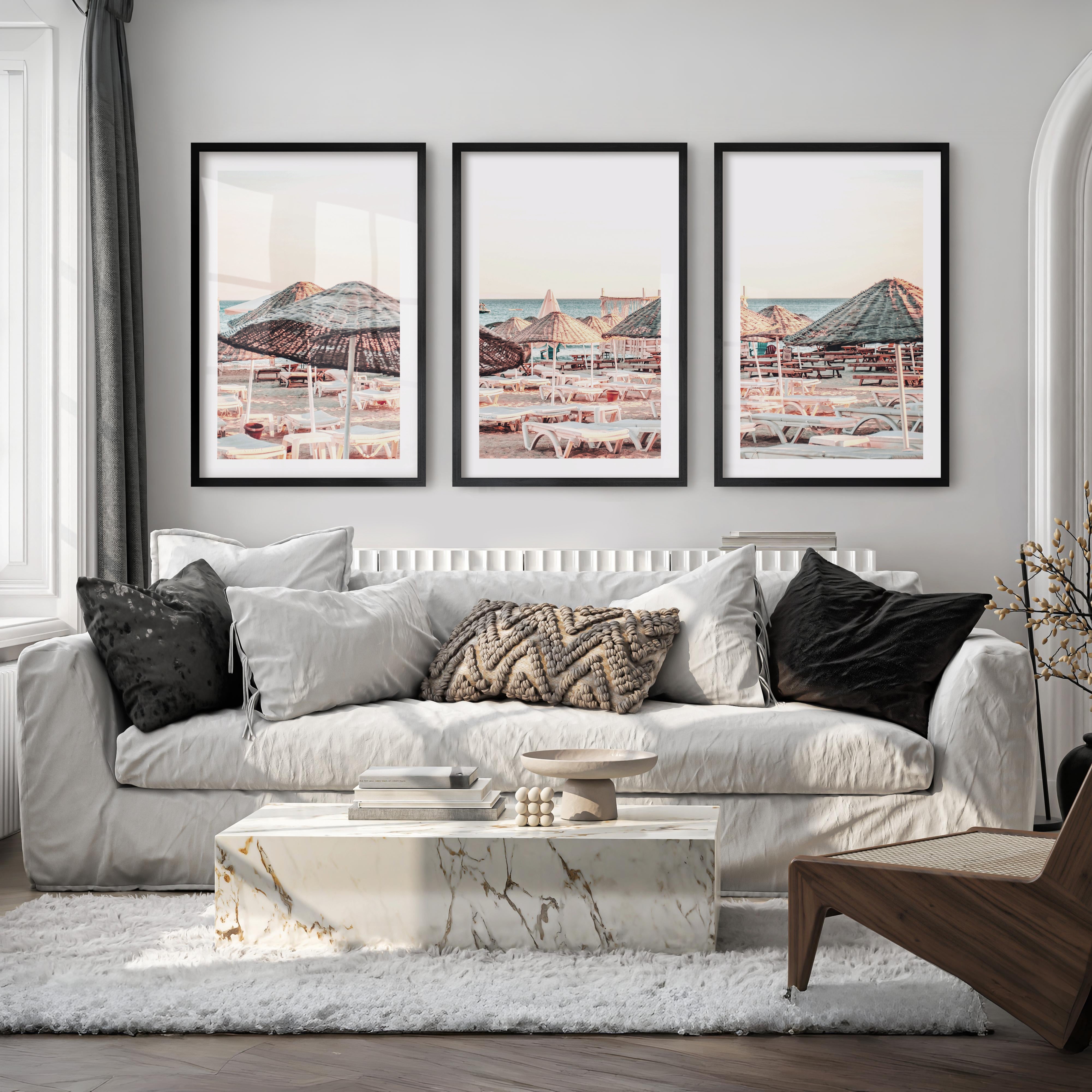 Woven Umbrellas beach style wall decor at Golden Hour - Black Framed Poster with White Border - Artworksets