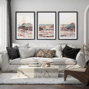 Woven Umbrellas beach style wall decor at Golden Hour - Black Framed Poster with White Border - Artworksets
