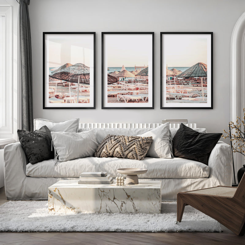 Woven Umbrellas beach style wall decor at Golden Hour - Black Framed Poster with White Border - Artworksets