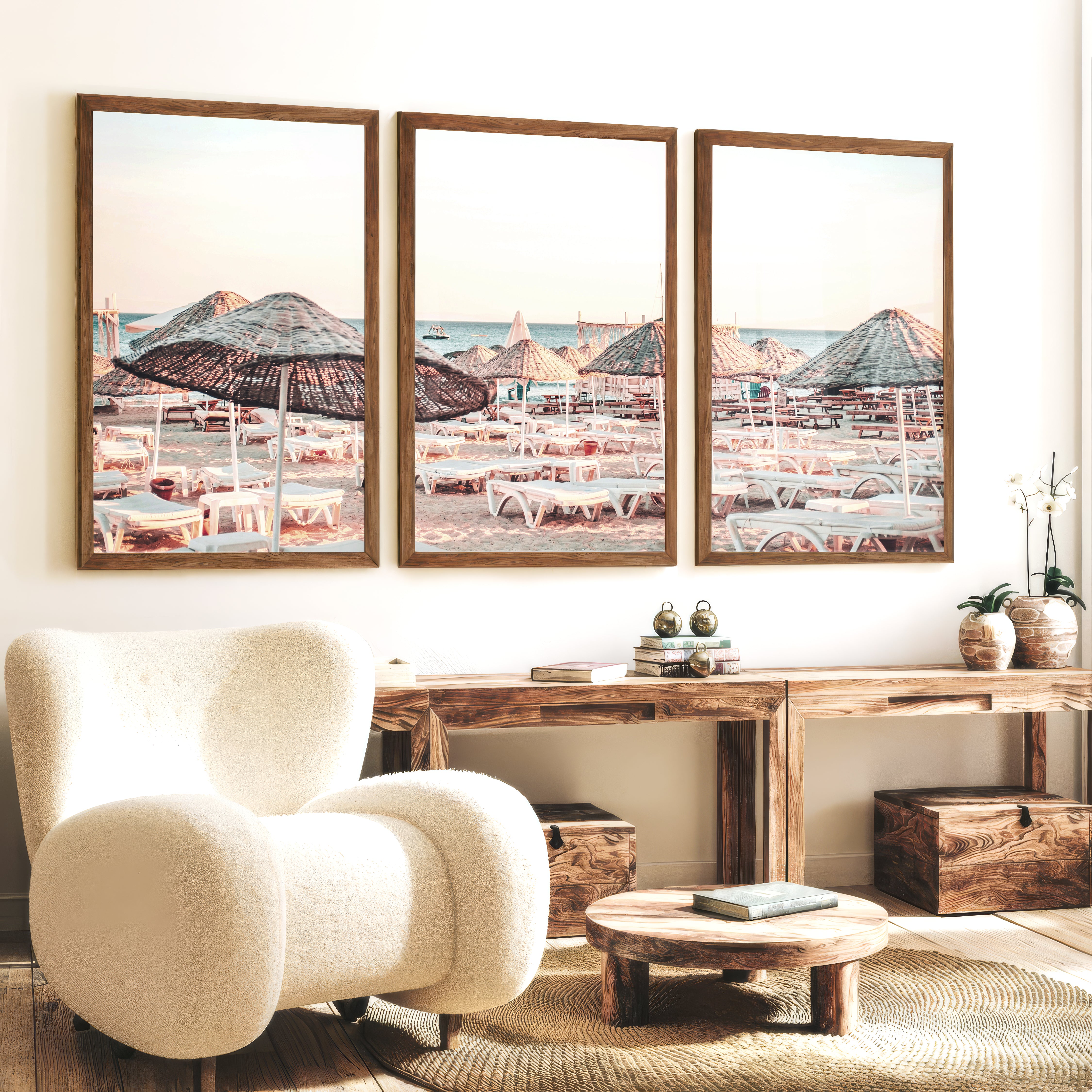 Woven Umbrellas beach style wall decor at Golden Hour - Dark Brown Framed Poster No Border - Artworksets