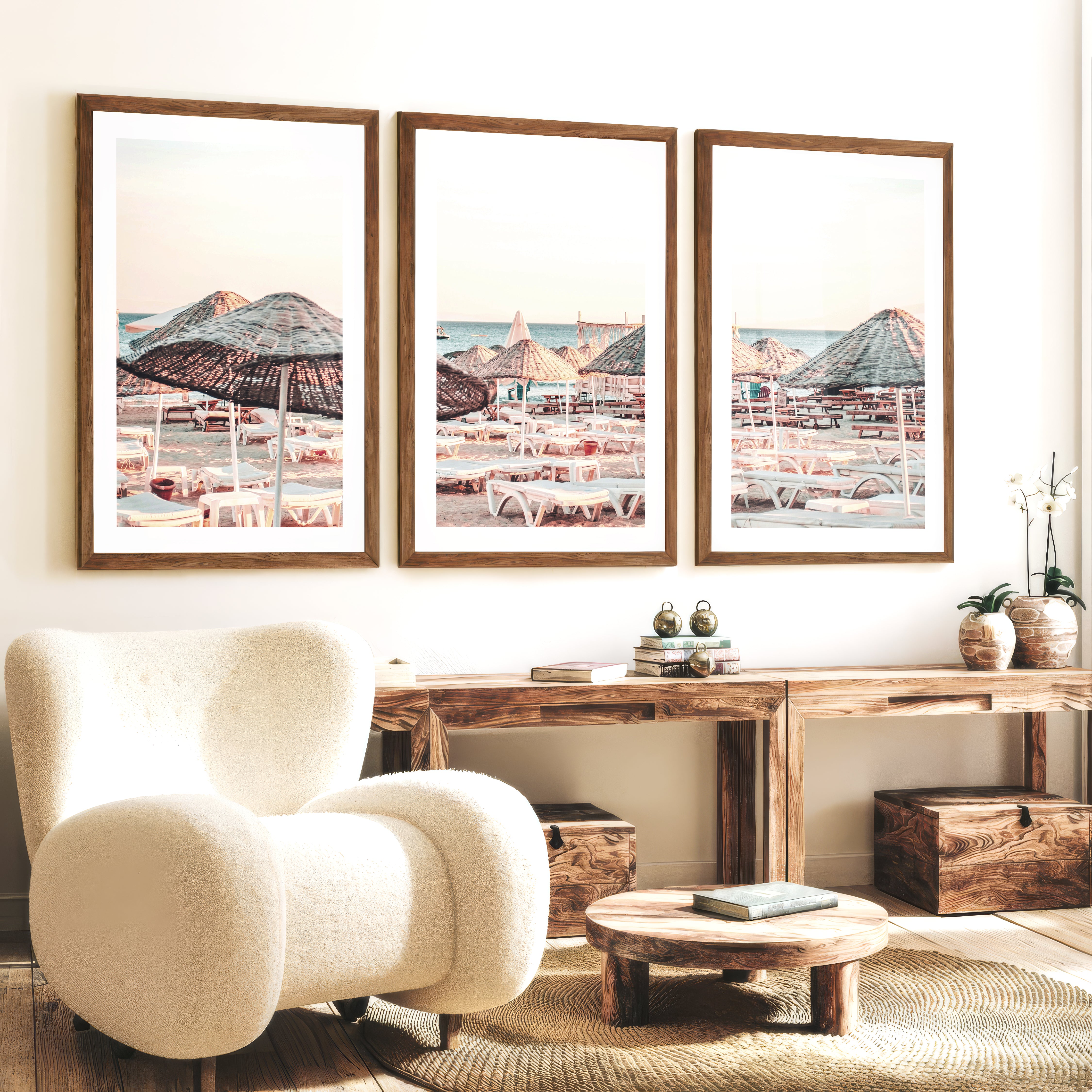 Woven Umbrellas beach style wall decor at Golden Hour - Dark Brown Framed Poster with White Border - Artworksets