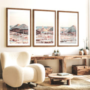 Woven Umbrellas beach style wall decor at Golden Hour - Dark Brown Framed Poster with White Border - Artworksets