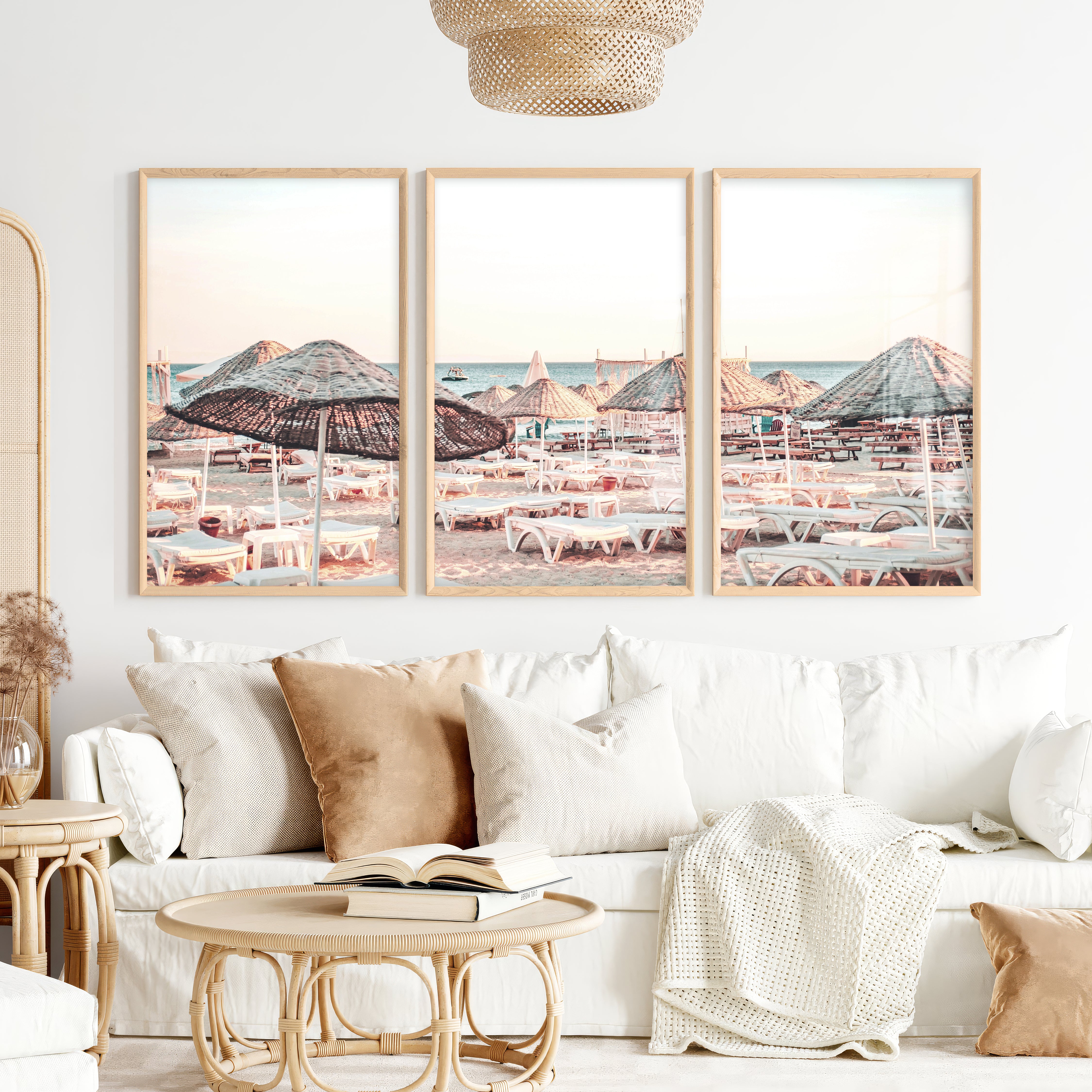 Woven Umbrellas beach style wall decor at Golden Hour - Natural Wood Framed Poster No Border - Artworksets