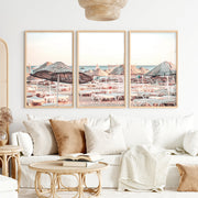 Woven Umbrellas beach style wall decor at Golden Hour - Natural Wood Framed Poster No Border - Artworksets