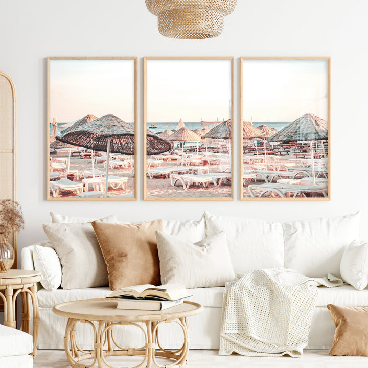 Woven Umbrellas beach style wall decor at Golden Hour - Natural Wood Framed Poster No Border - Artworksets