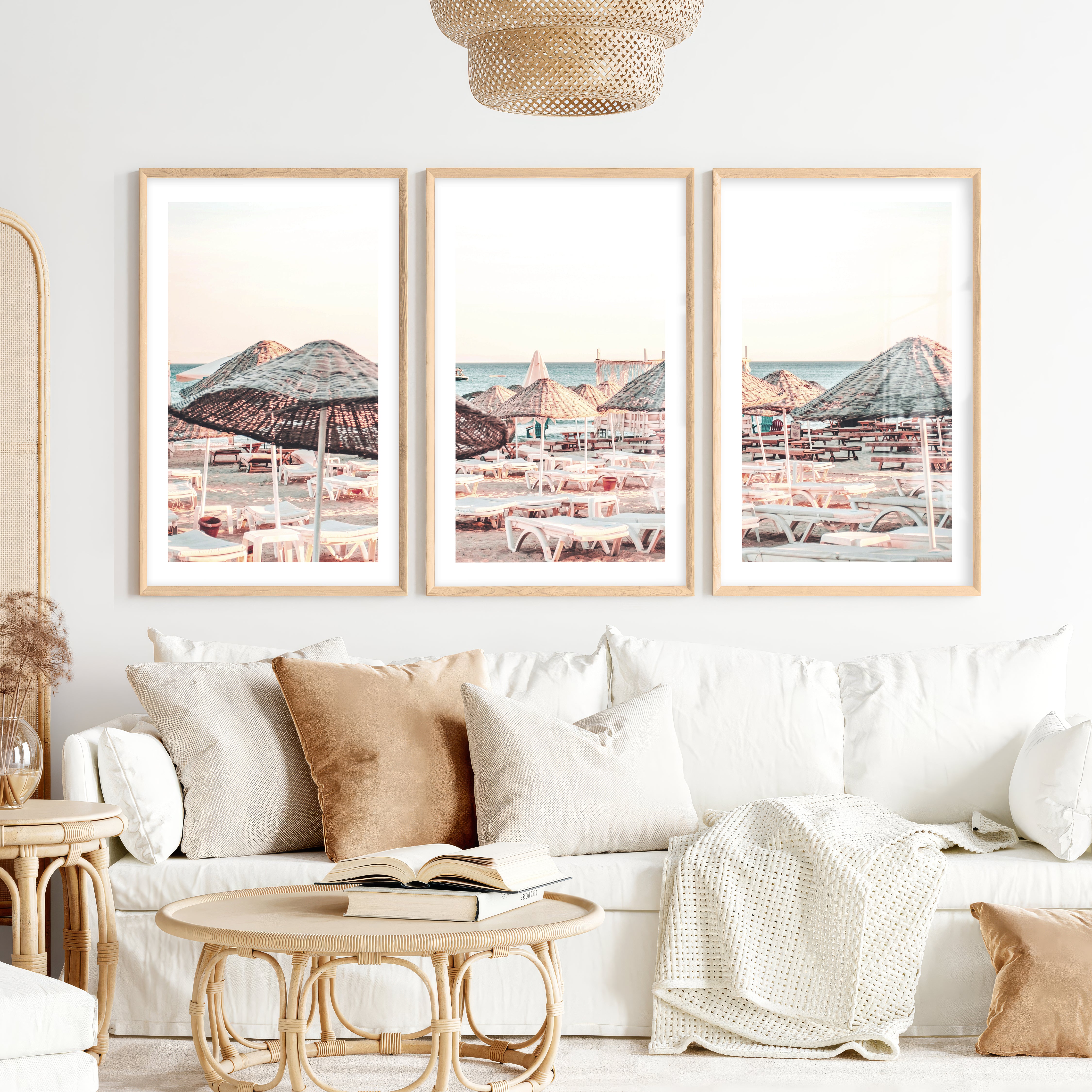 Woven Umbrellas beach style wall decor at Golden Hour- Natural Wood Framed Poster with White Border - Artworksets