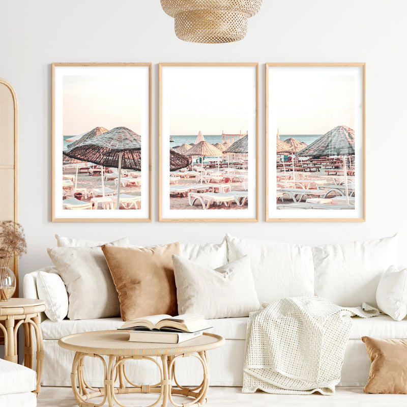 Woven Umbrellas beach style wall decor at Golden Hour- Natural Wood Framed Poster with White Border - Artworksets