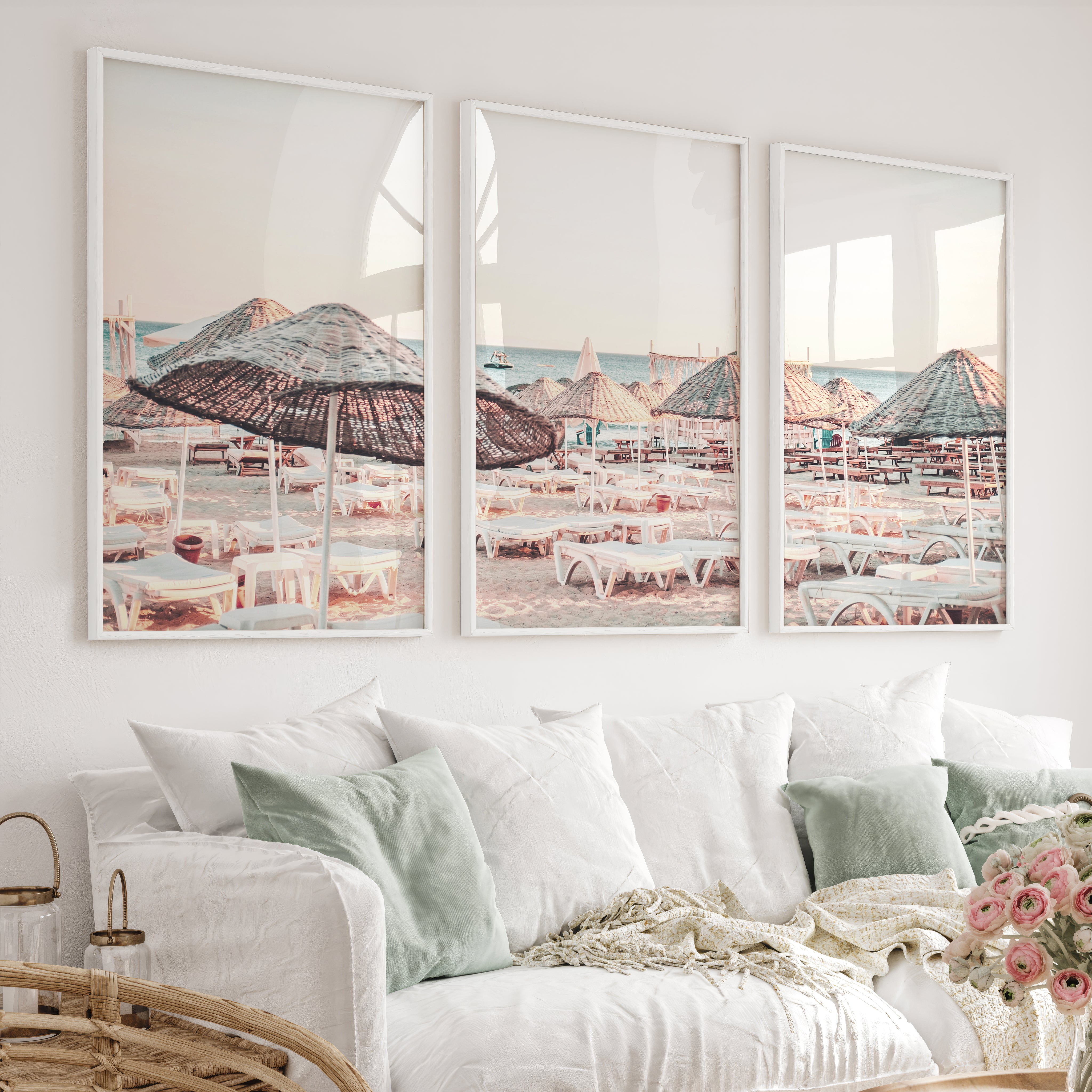 Woven Umbrellas beach style wall decor at Golden Hour - White Framed Poster No Border - Artworksets