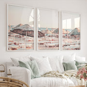 Woven Umbrellas beach style wall decor at Golden Hour - White Framed Poster No Border - Artworksets