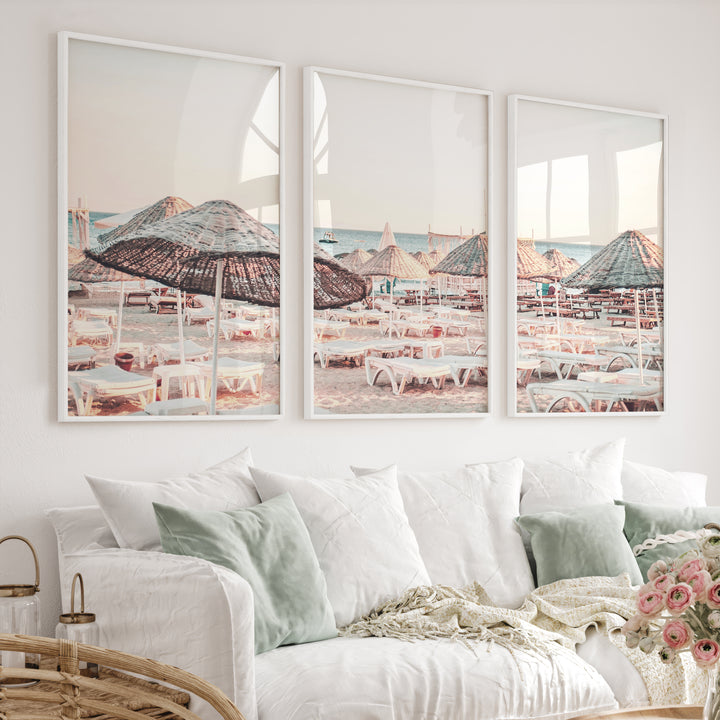 Woven Umbrellas beach style wall decor at Golden Hour - White Framed Poster No Border - Artworksets