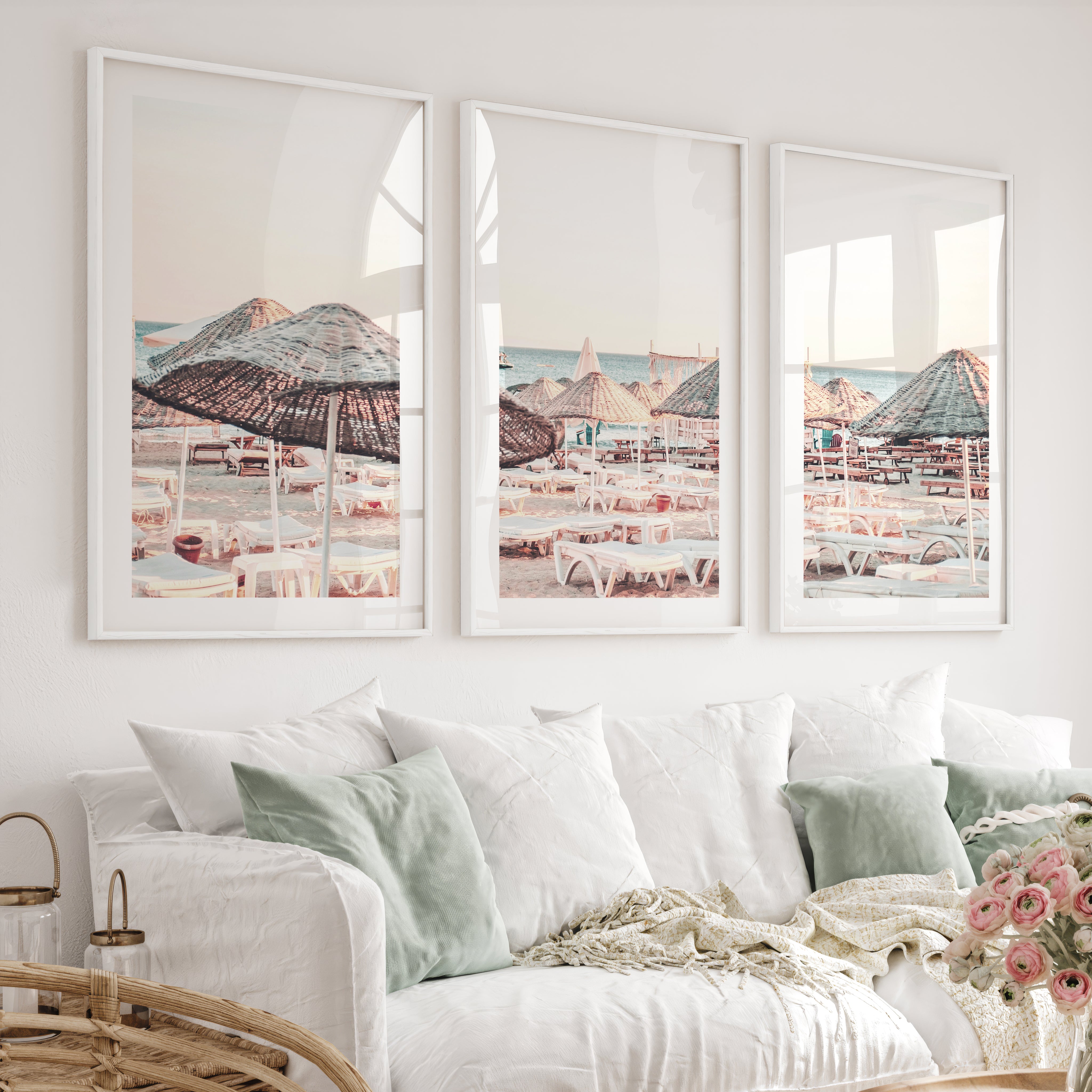 Woven Umbrellas beach style wall decor at Golden Hour - White Framed Poster with White Border - Artworksets