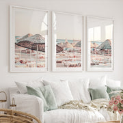 Woven Umbrellas beach style wall decor at Golden Hour - White Framed Poster with White Border - Artworksets