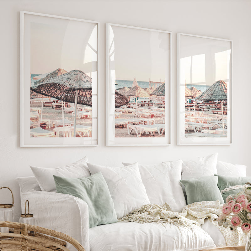 Woven Umbrellas beach style wall decor at Golden Hour - White Framed Poster with White Border - Artworksets