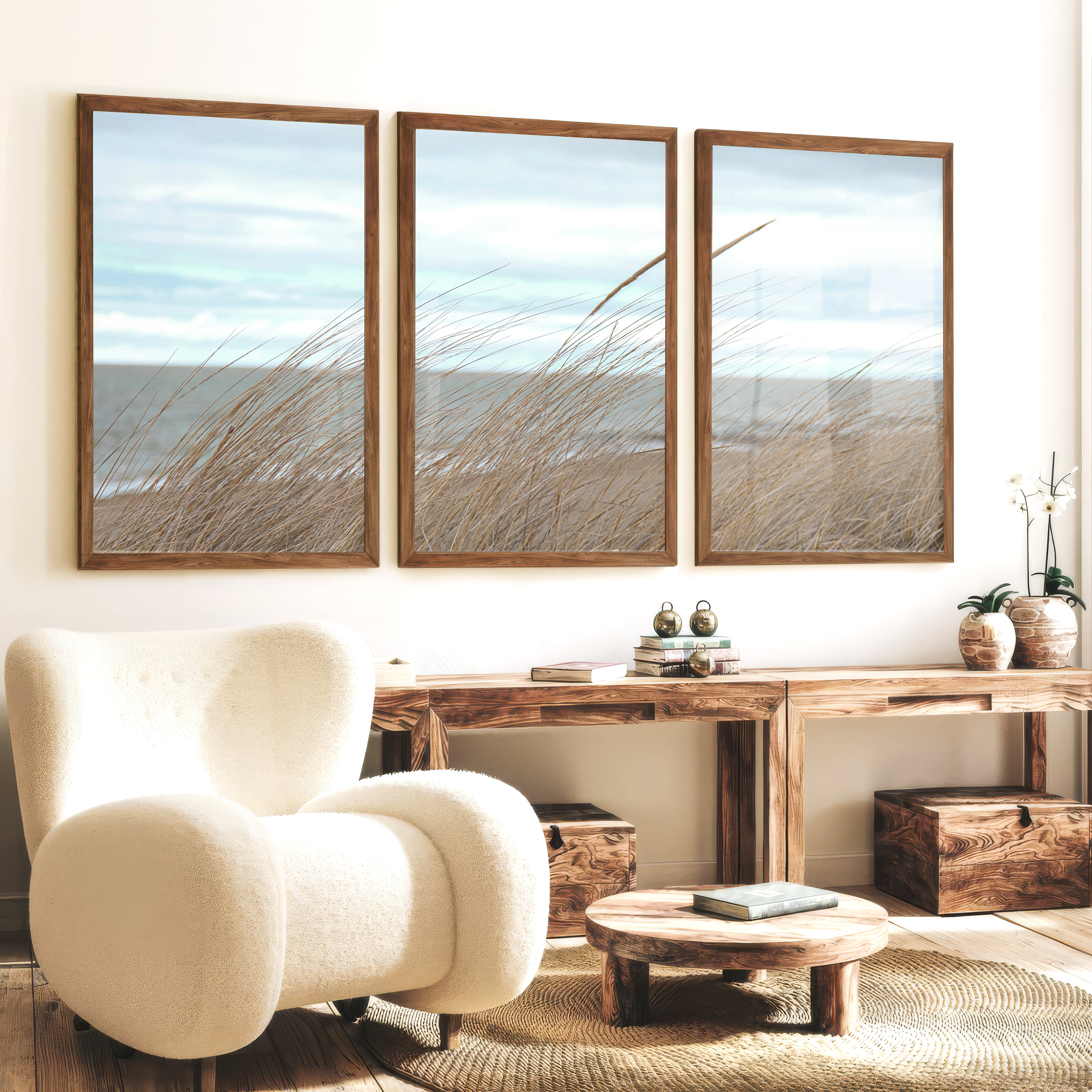 Windblown Dune Grass beach themed art prints - Dark Brown Framed Poster No Border - Artworksets