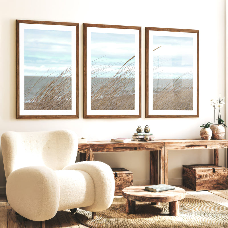Windblown Dune Grass beach themed art prints - Dark Brown Framed Poster with White Border - Artworksets
