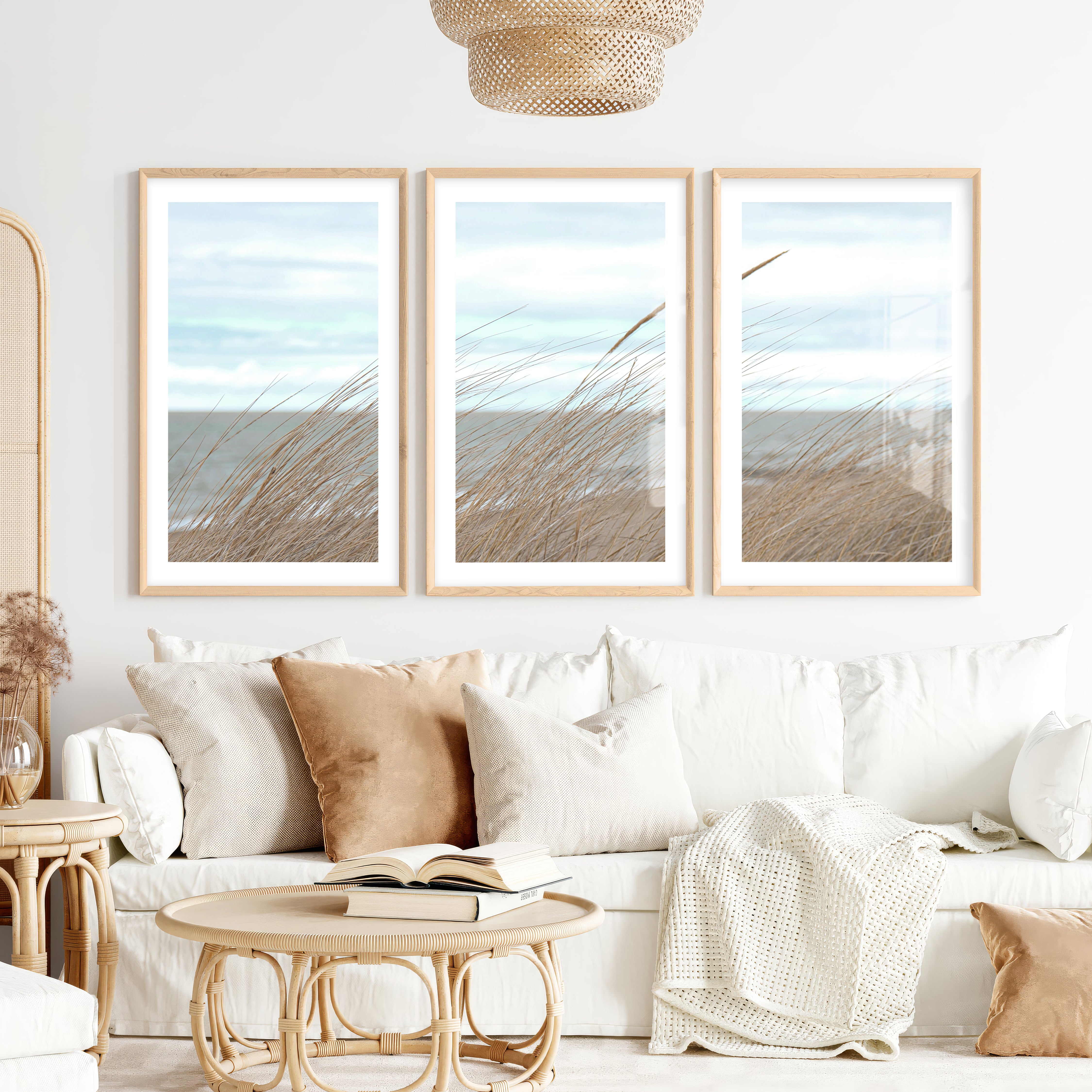 Windblown Dune Grass beach themed art prints- Natural Wood Framed Poster with White Border - Artworksets