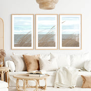 Windblown Dune Grass beach themed art prints- Natural Wood Framed Poster with White Border - Artworksets