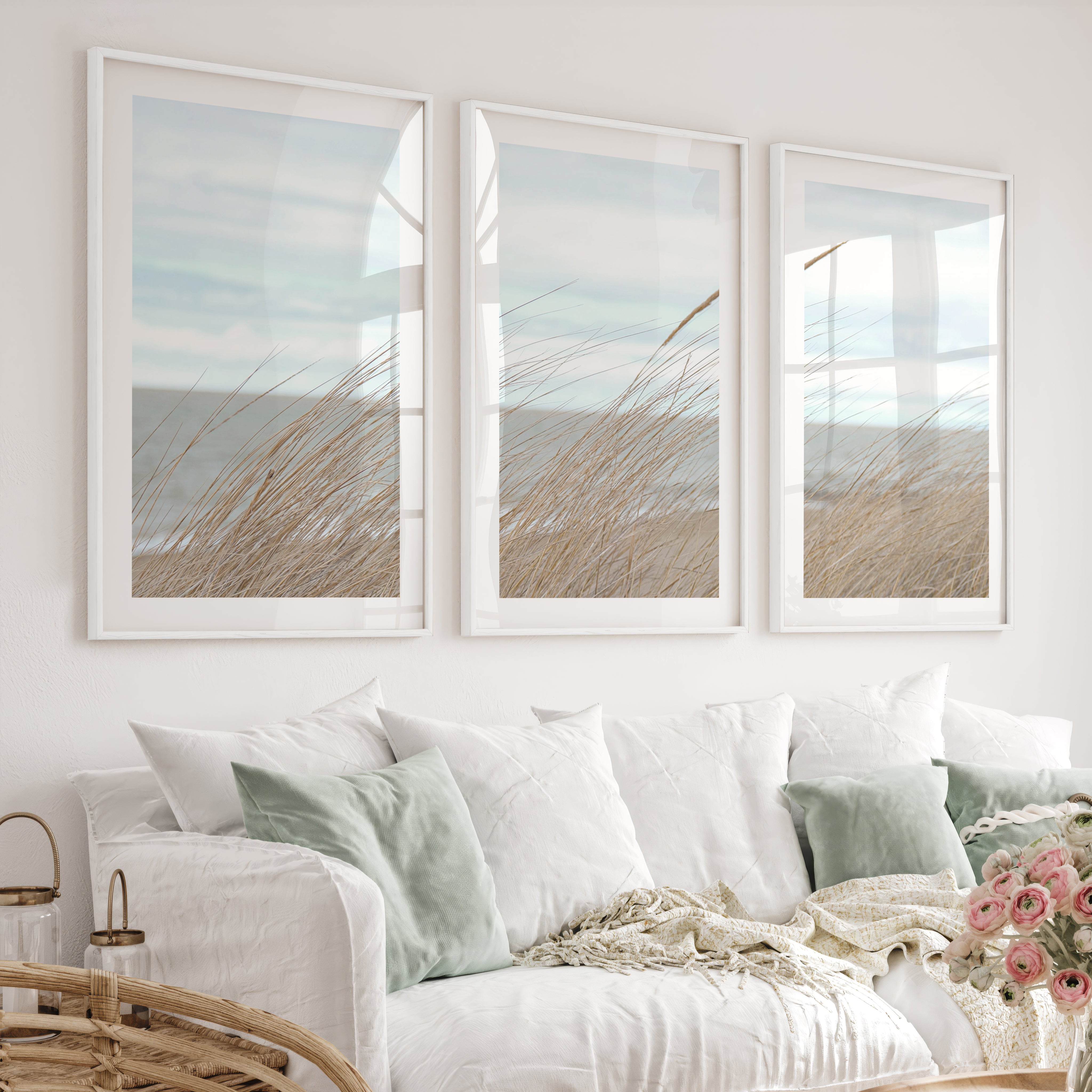 Windblown Dune Grass beach themed art prints - White Framed Poster with White Border - Artworksets