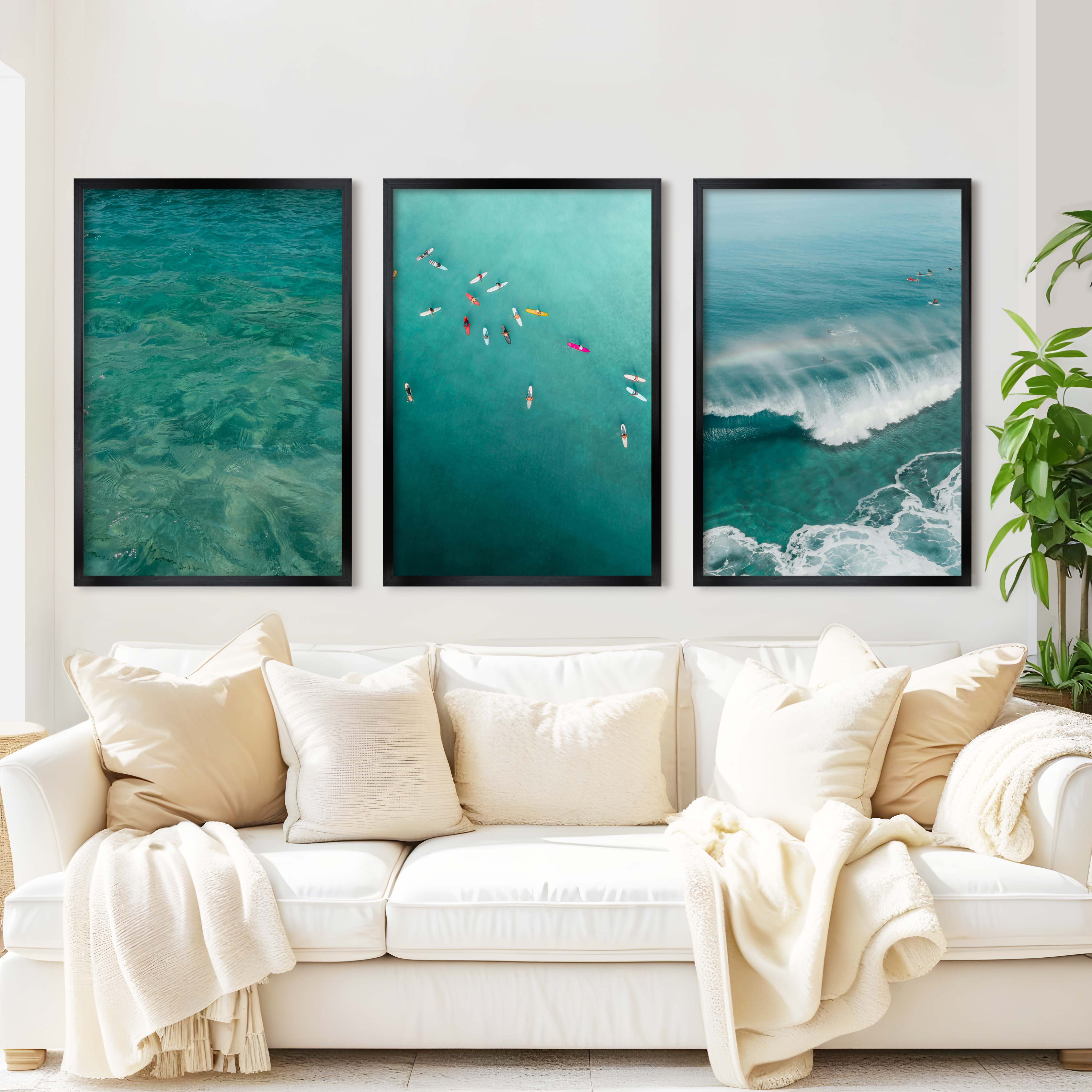 Beach Themed Art Prints – Ocean Wave, Rainbow Surf, Coastal Calm (Set of 3) - Black Framed Poster No Border - Artworksets
