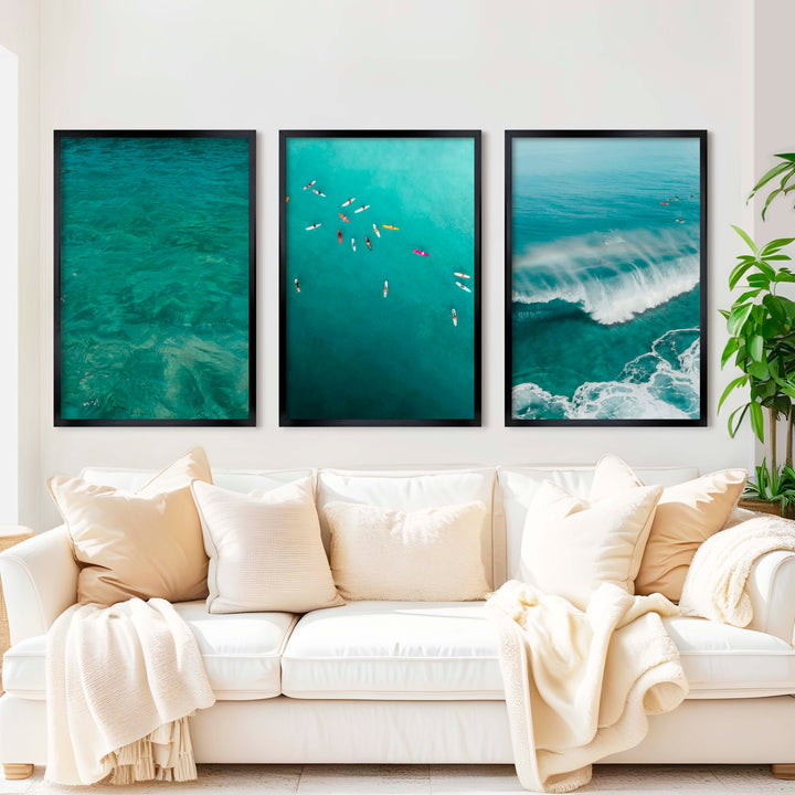 Beach Themed Art Prints – Ocean Wave, Rainbow Surf, Coastal Calm (Set of 3) - Black Framed Poster No Border - Artworksets